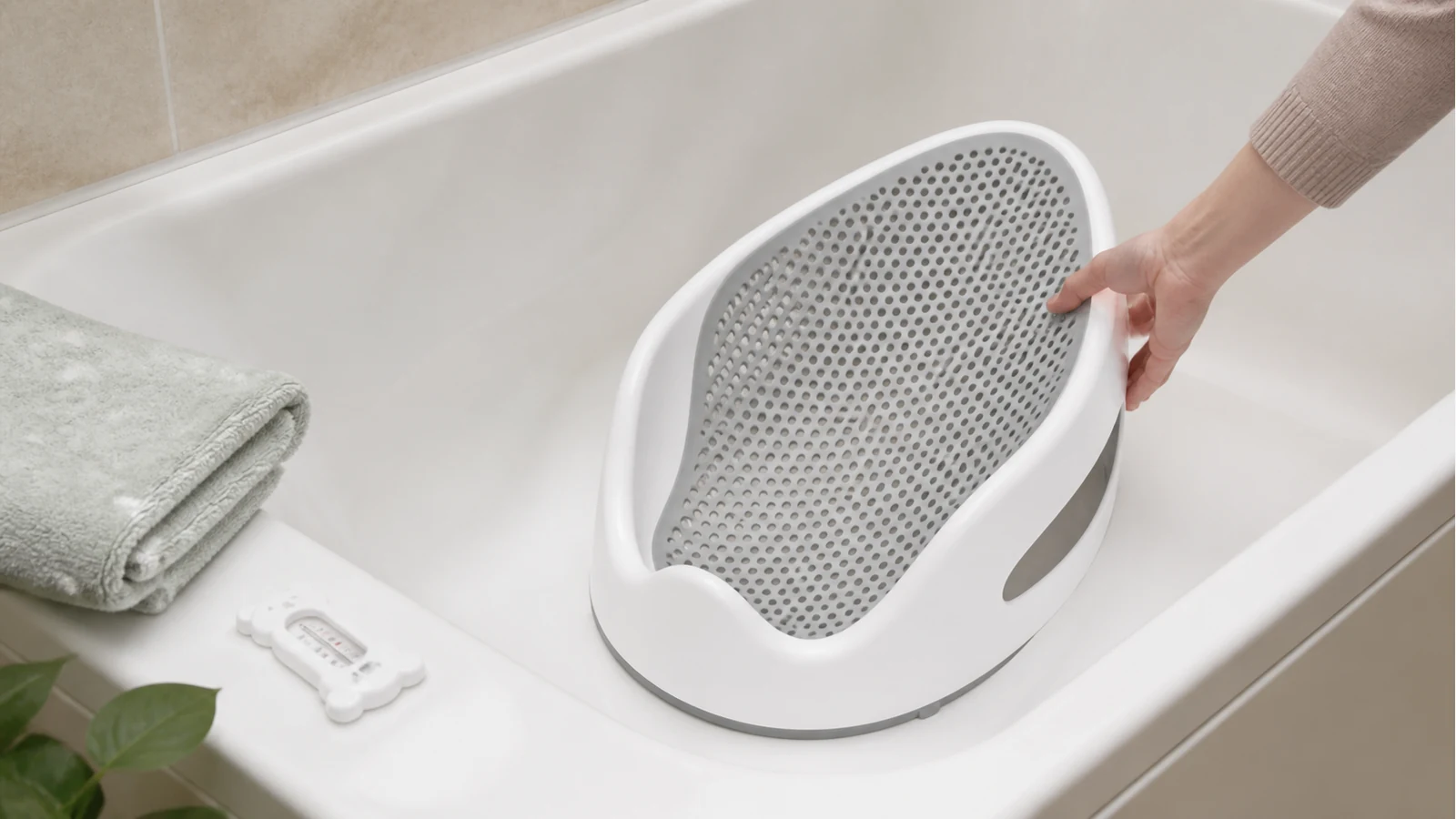 Adult checking a baby bath seat in an empty bath before bathtime