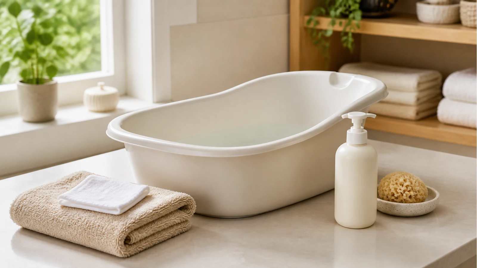 Gentle eczema-aware baby bath setup with towel and plain skincare pump