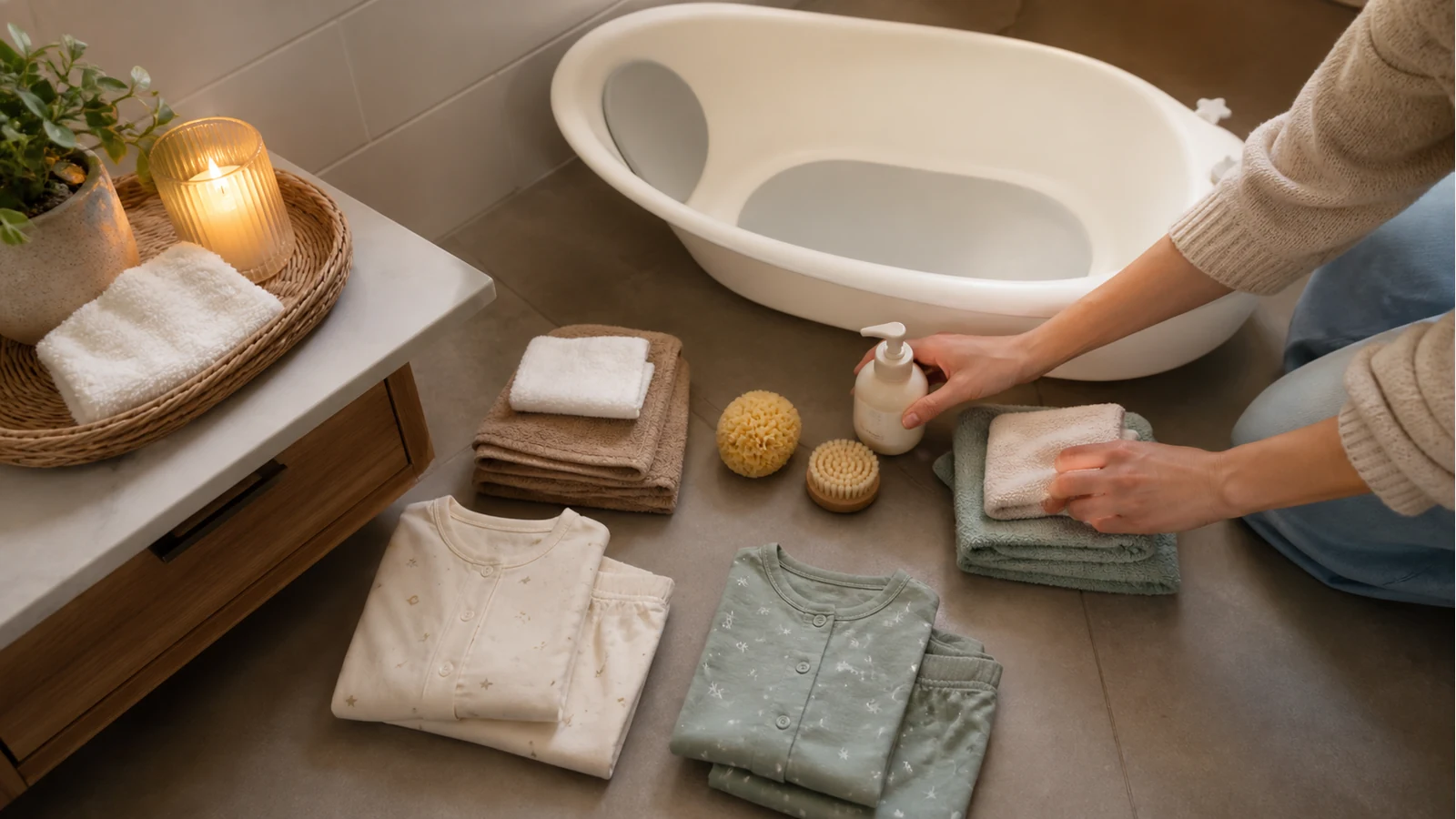 Prepared sibling bathtime station with two towels beside a shallow baby bath