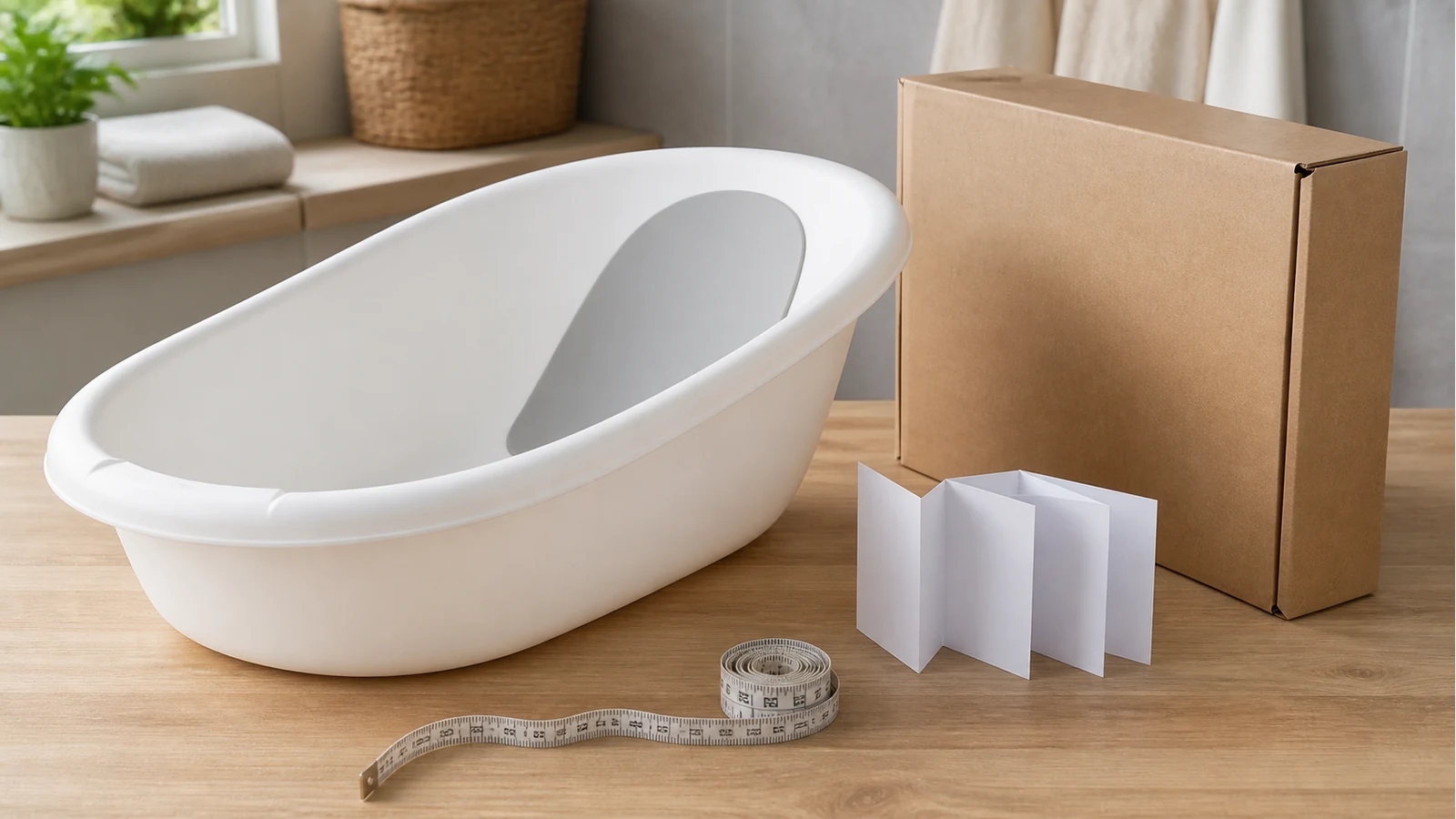 Baby bath comparison setup with cardboard packaging and measuring tape