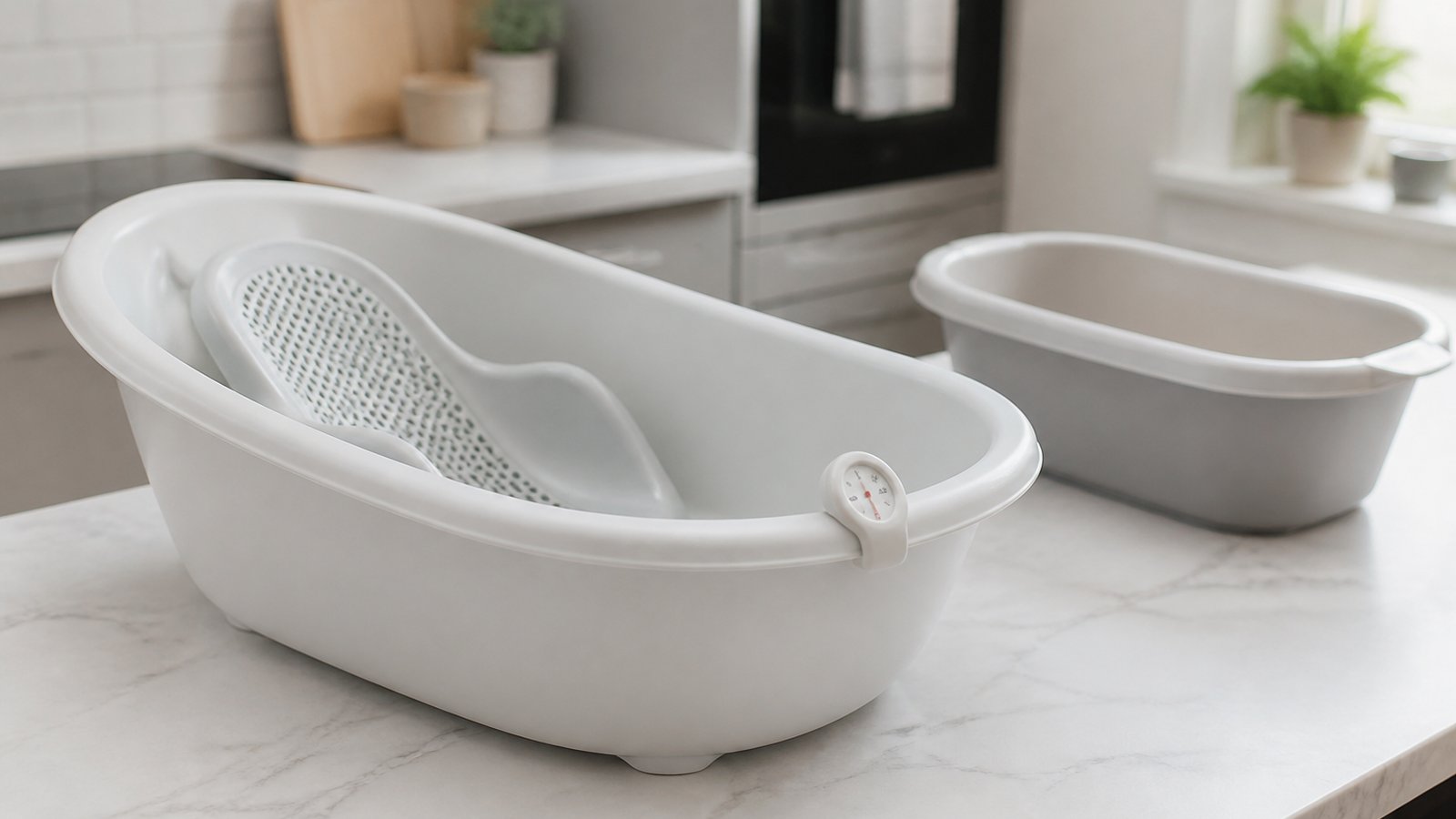 First-time parents adjusting freestanding baby bath on kitchen worktop