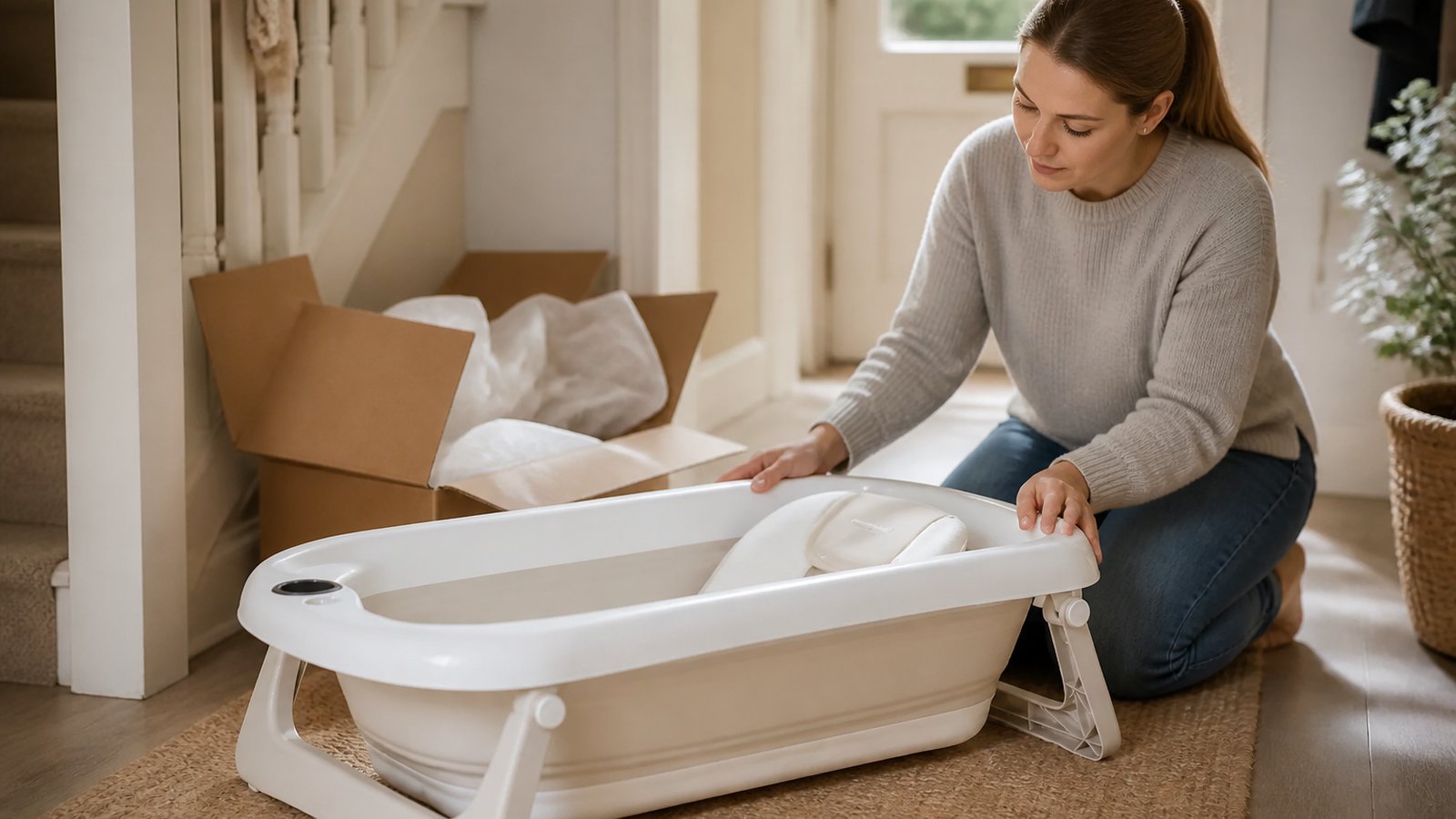 Opened delivery box beside freestanding baby bath for home trial