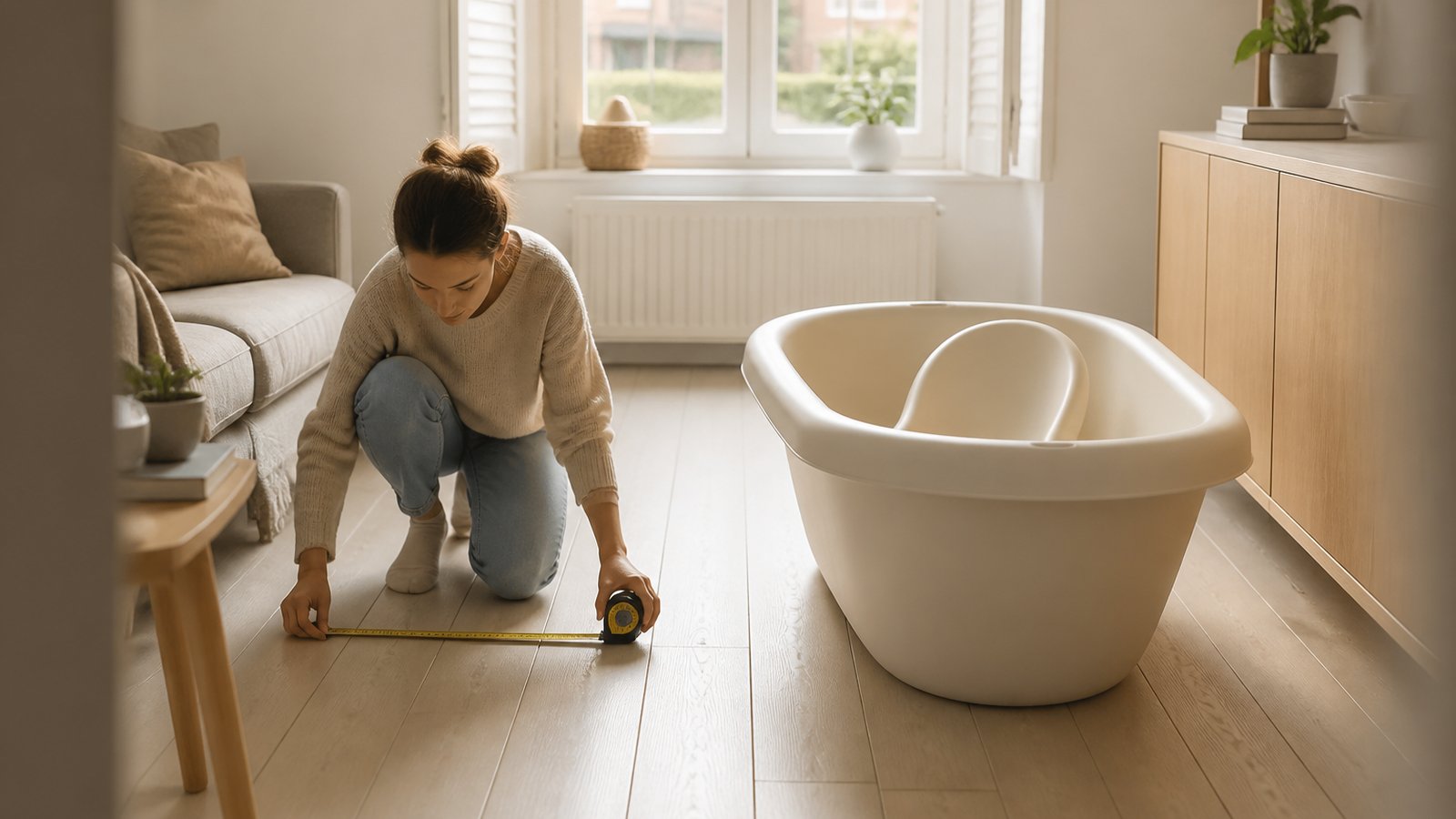 Measuring floor space before gifting an oversized freestanding baby bath
