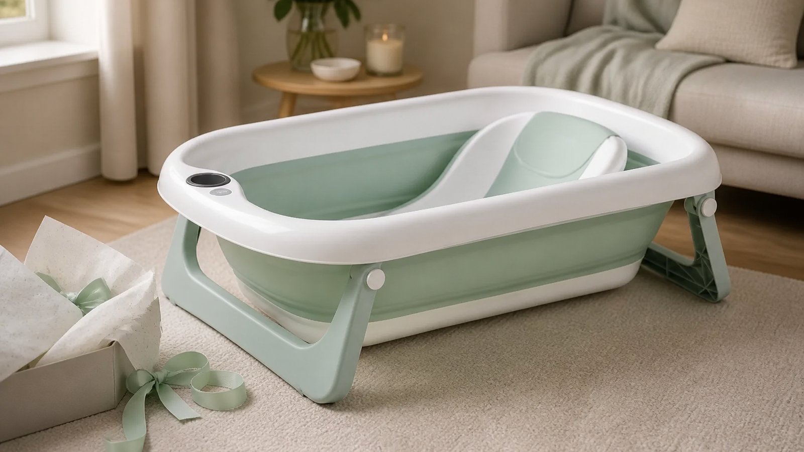 Premium gift wrap beside white and mint freestanding baby bath