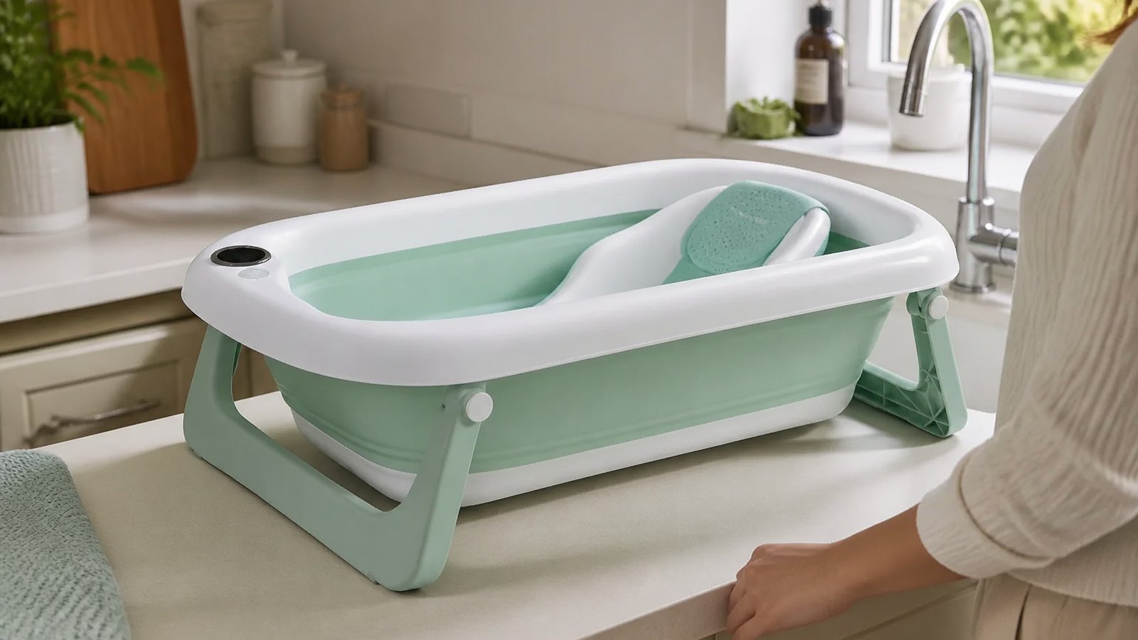 Freestanding baby bath placed at comfortable kitchen worktop height
