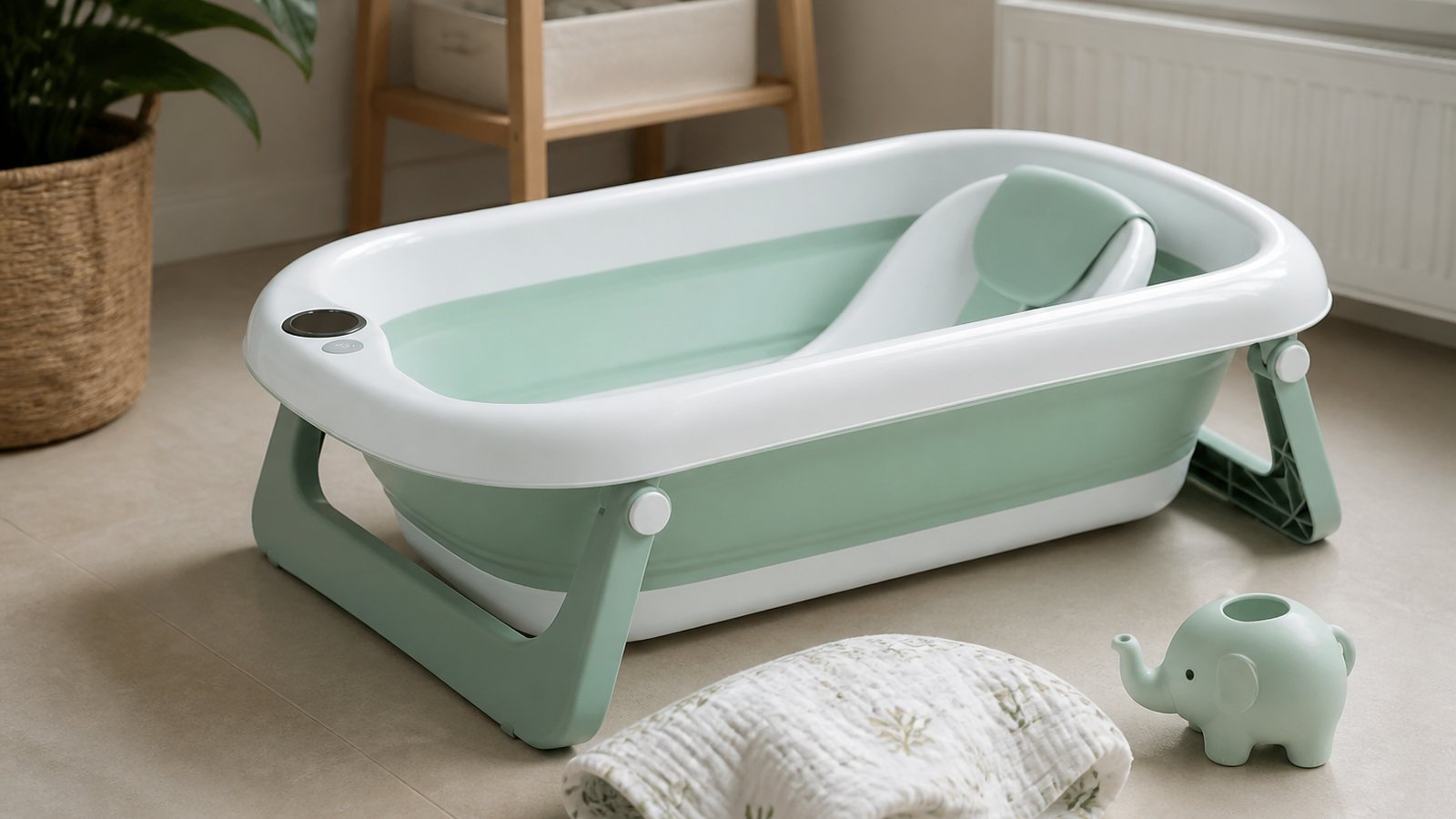 Freestanding baby bath spanning newborn muslin and toddler toy