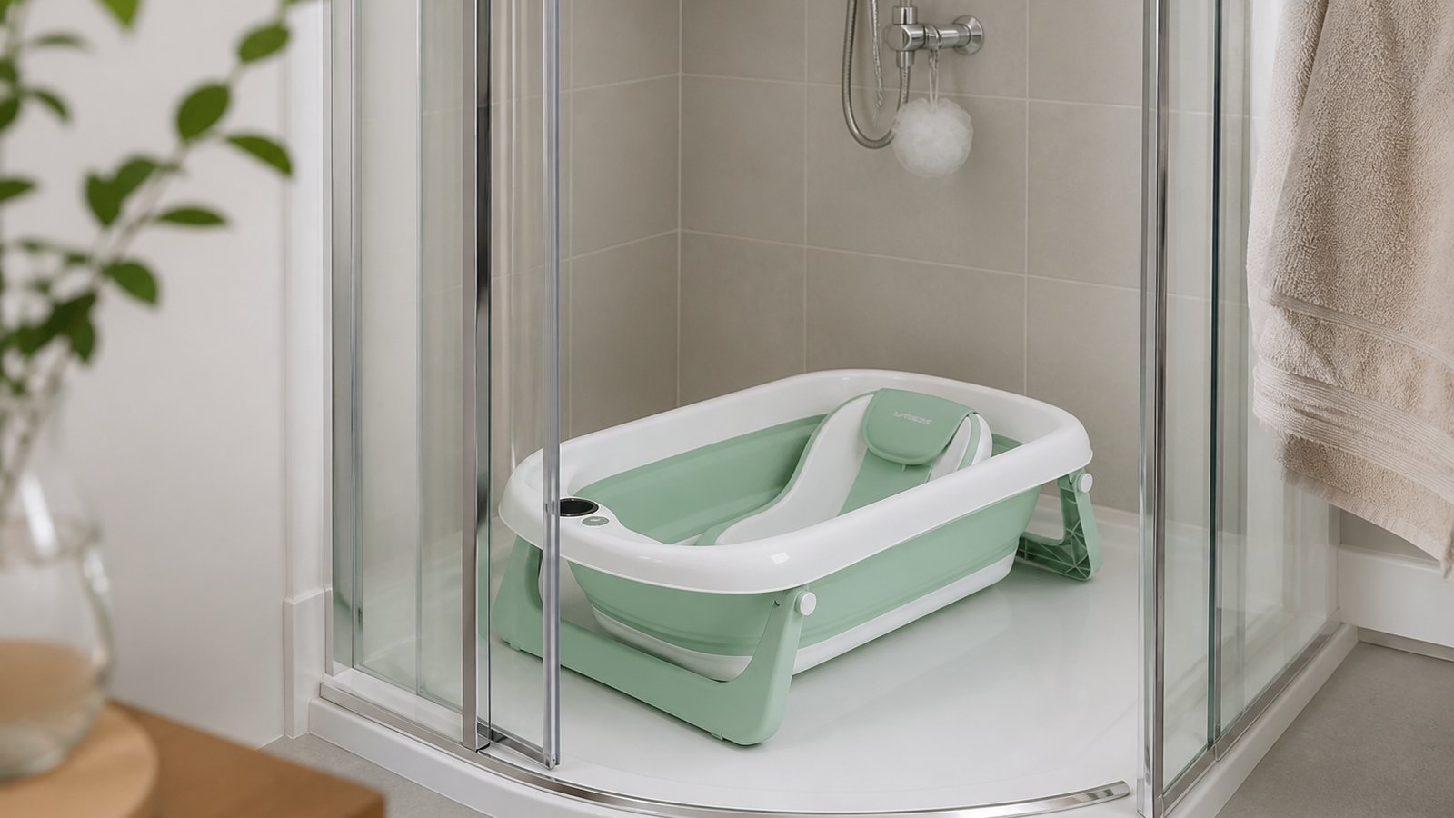 Freestanding baby bath sitting inside a compact UK shower cubicle