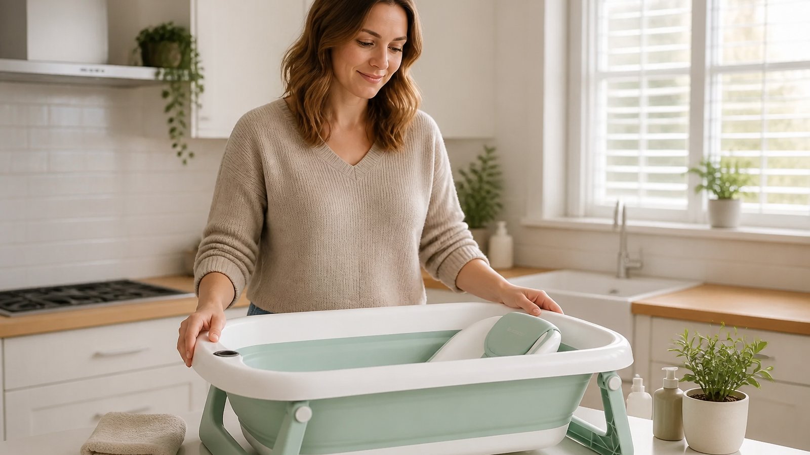 Freestanding baby bath at UK kitchen worktop height
