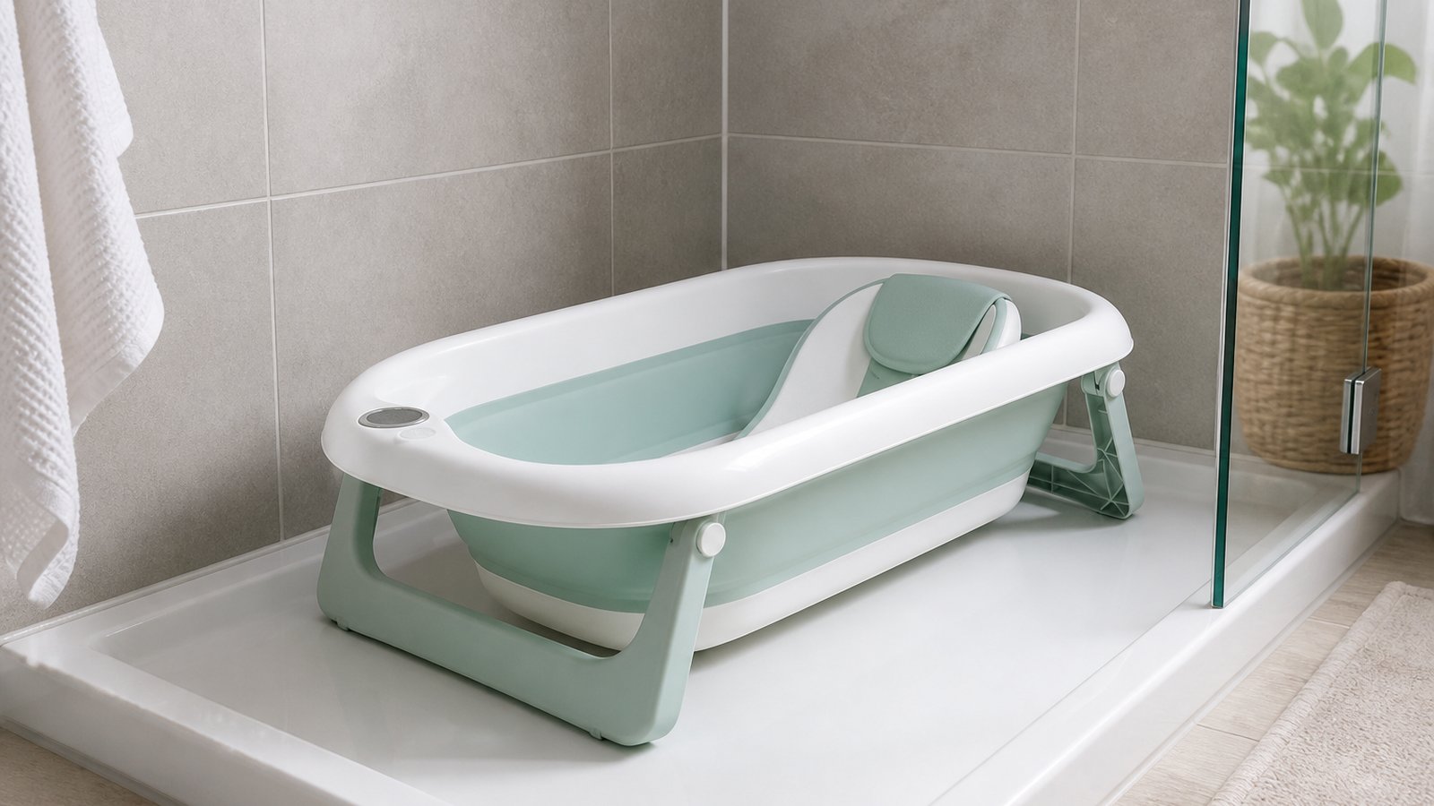 Freestanding baby bath with seat in a UK shower tray