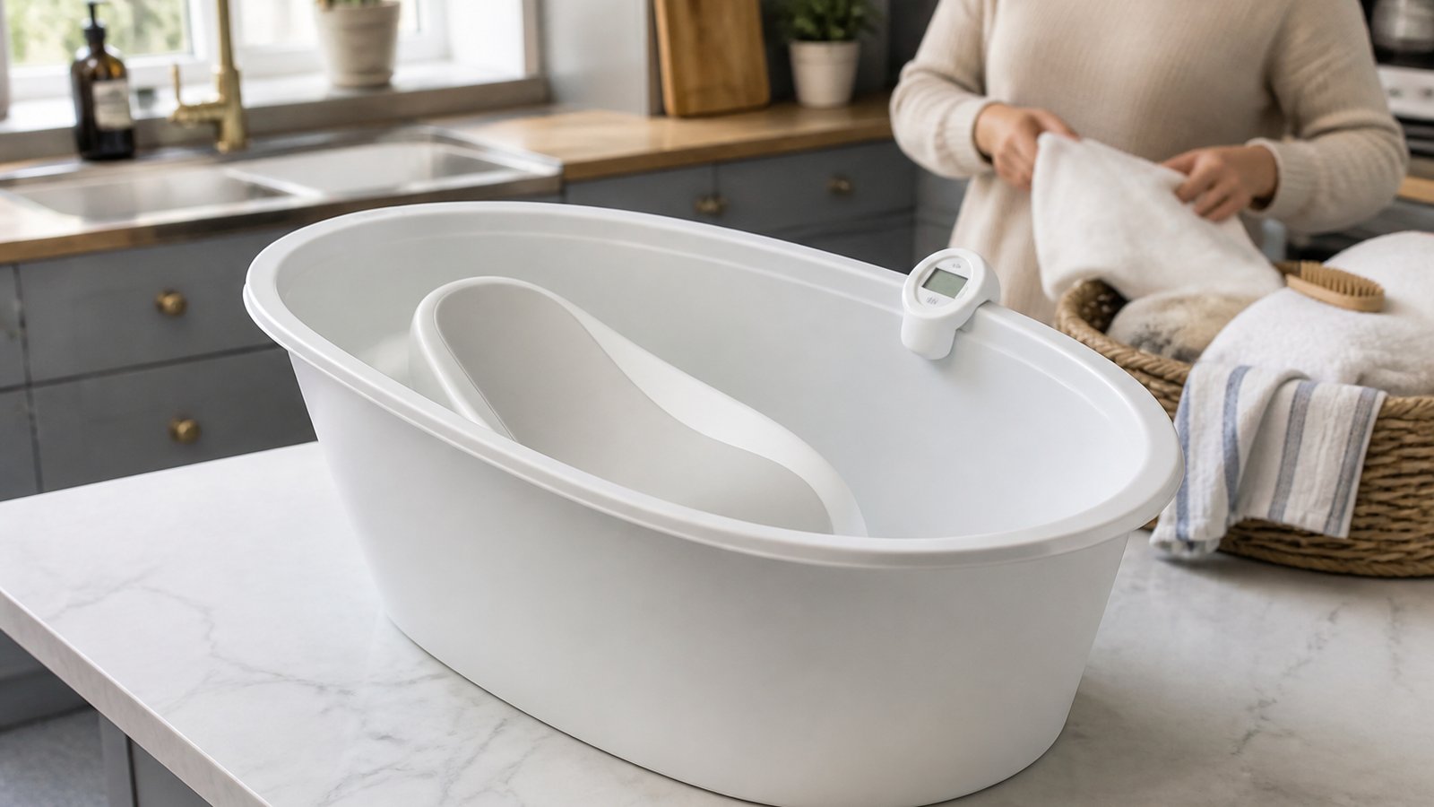Freestanding baby bath at UK kitchen worktop height