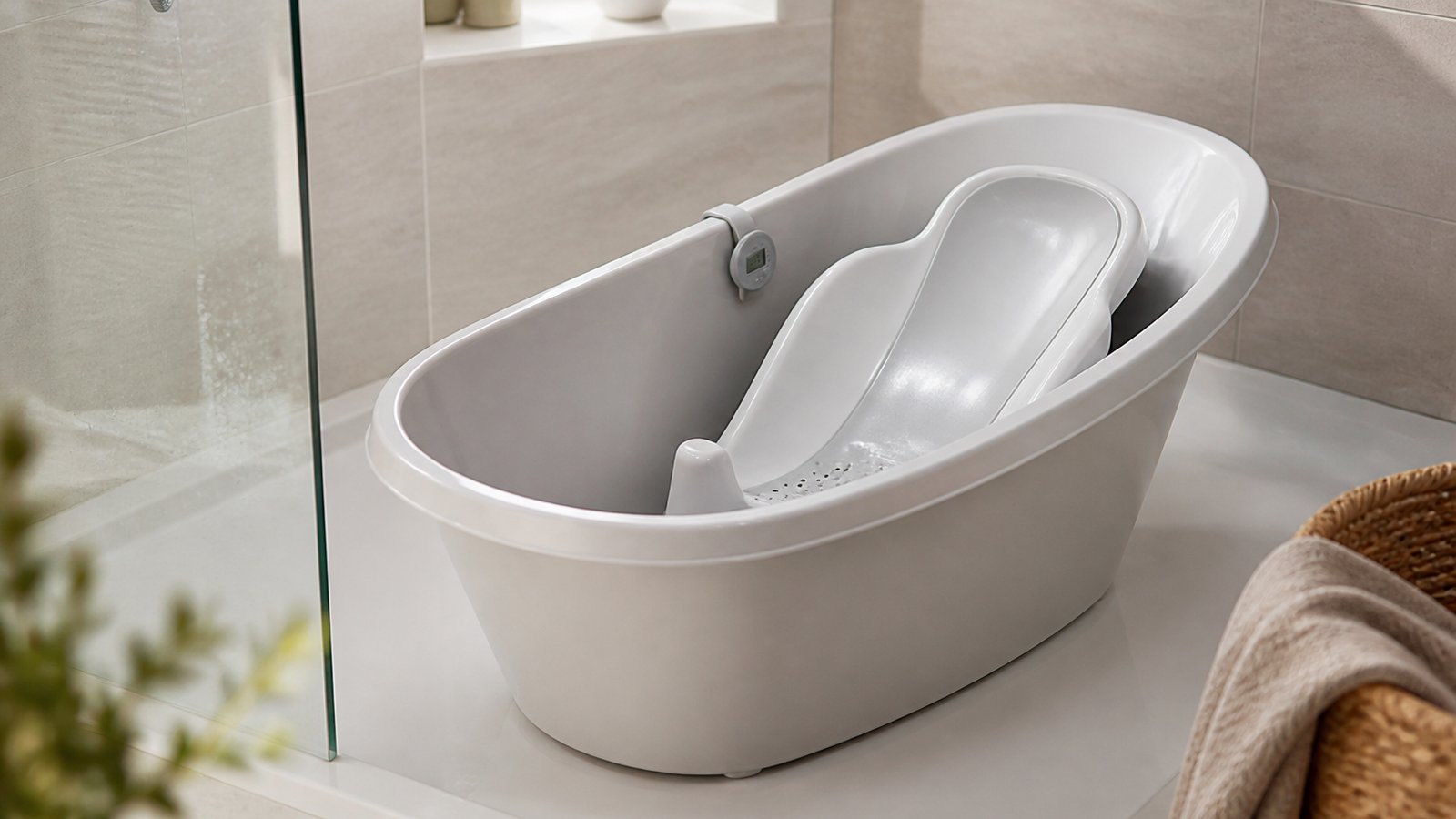 Freestanding baby bath with seat in a UK shower tray