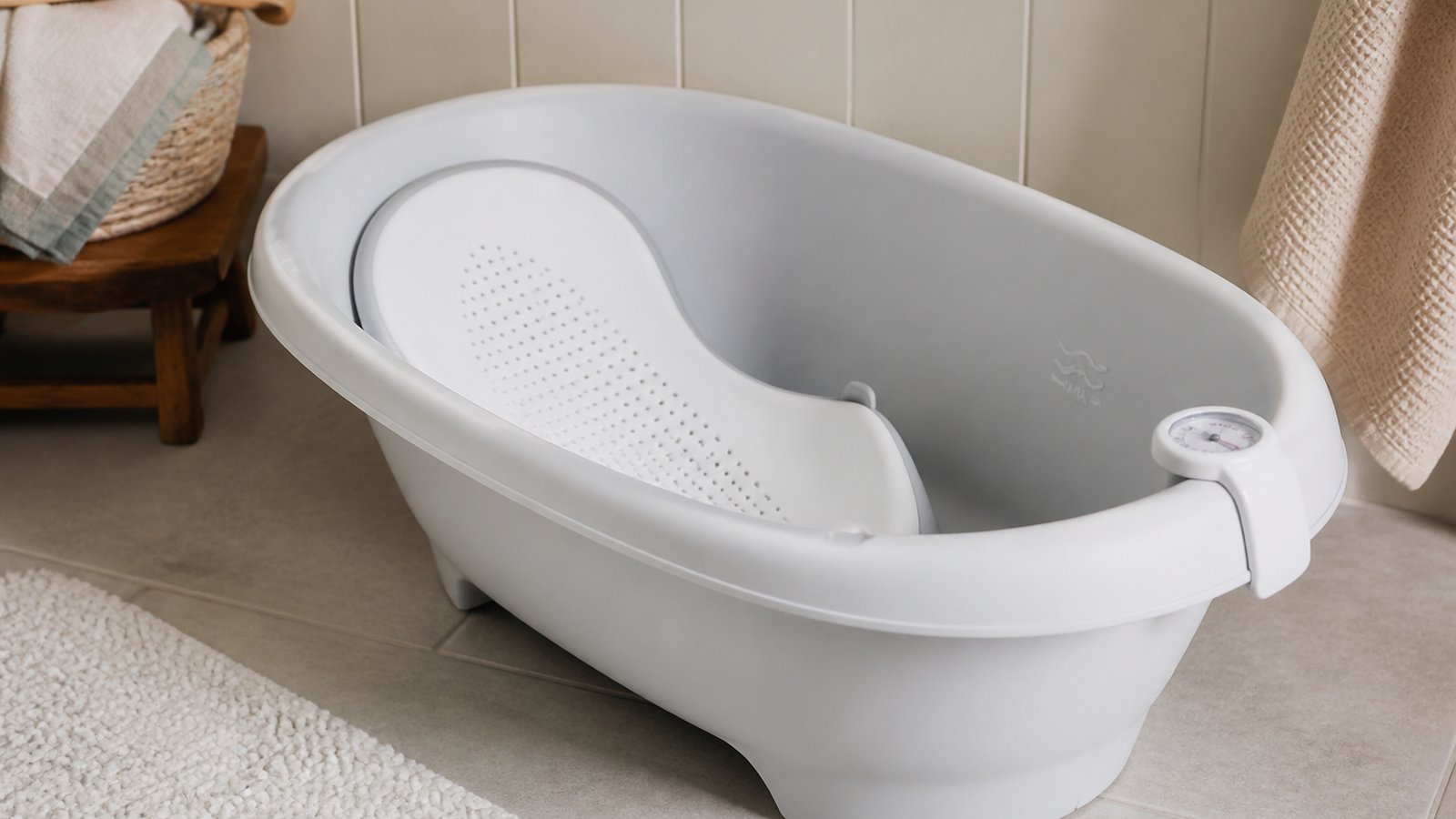 Empty baby bath with thermometer on the rim