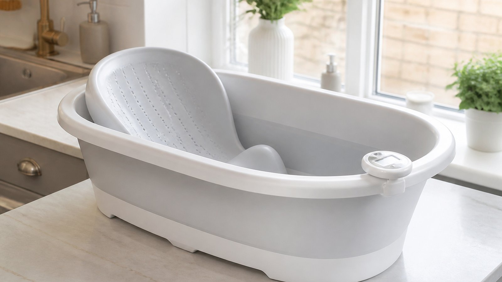 Empty freestanding baby bath with seat on a UK worktop