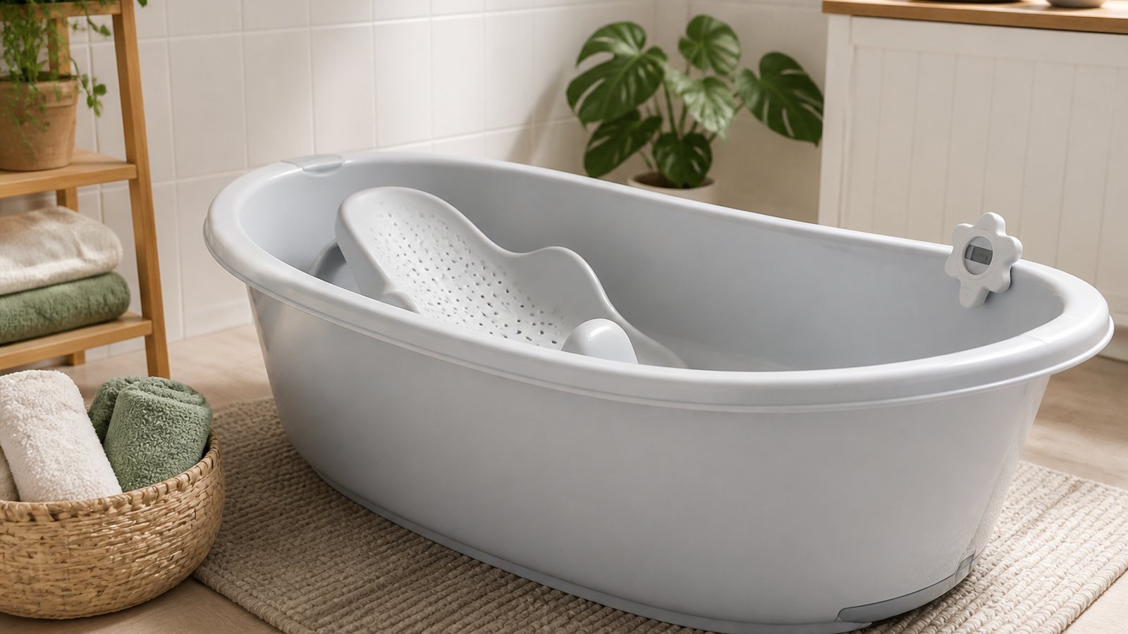 Empty freestanding baby bath with seat on a UK worktop