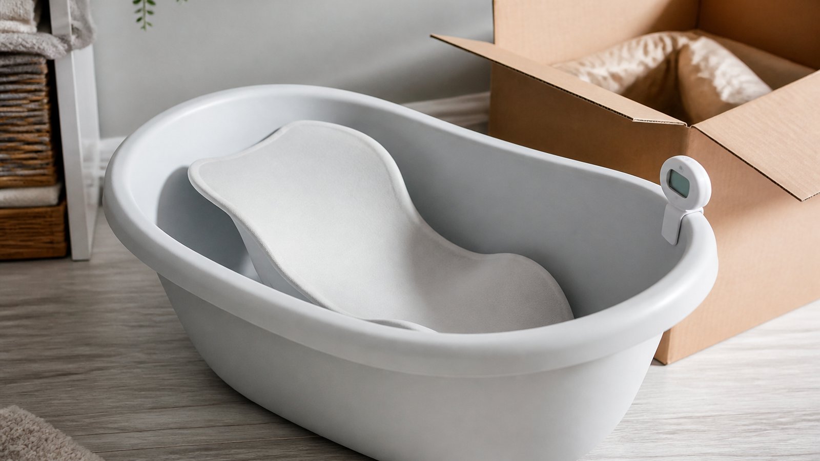 British-made baby bath with eco packaging by a nursery wall