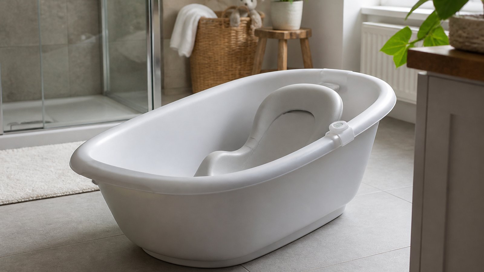 Baby bath with seat in a grandparents guest bathroom