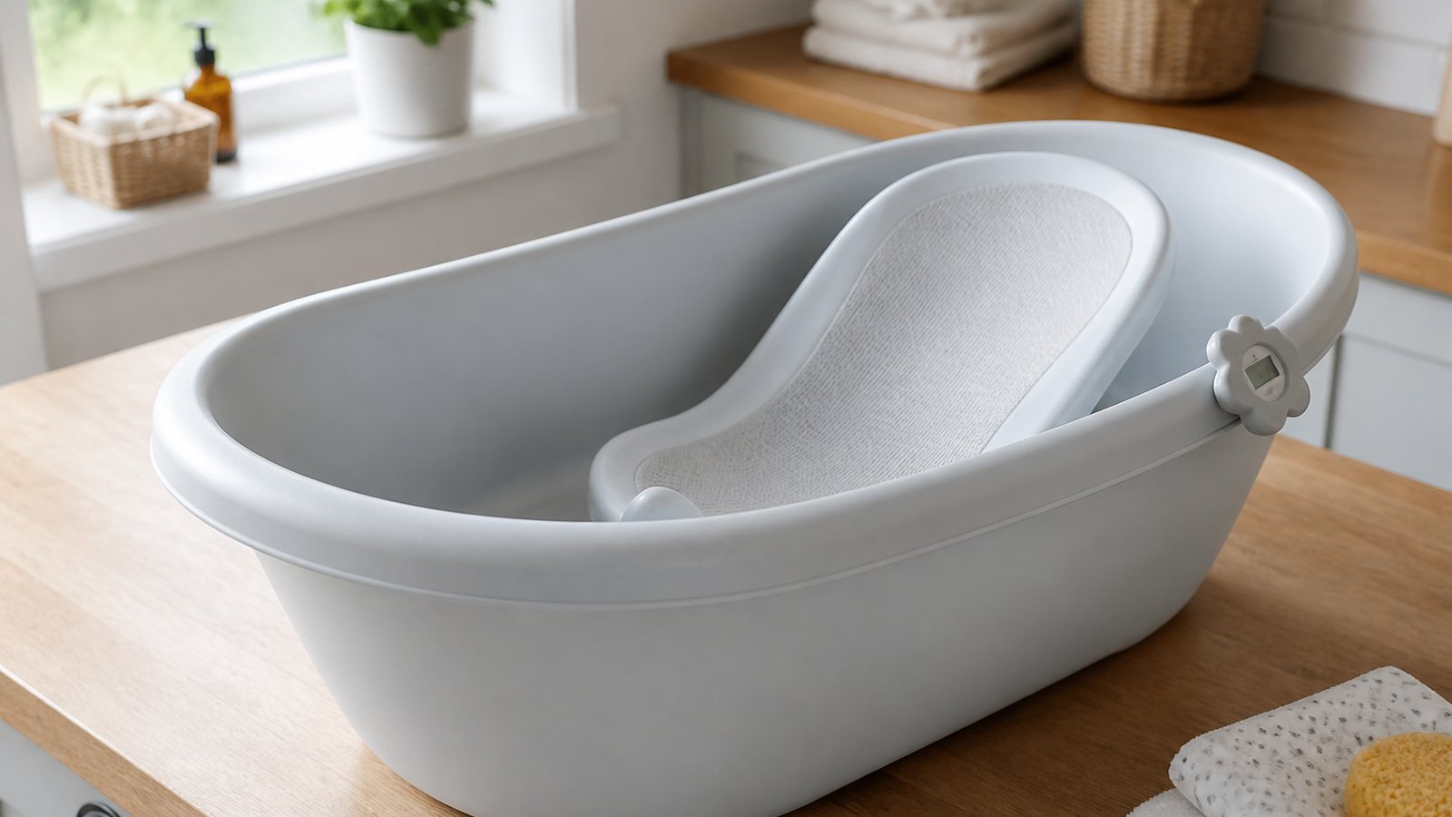 Empty freestanding baby bath with seat on a UK worktop