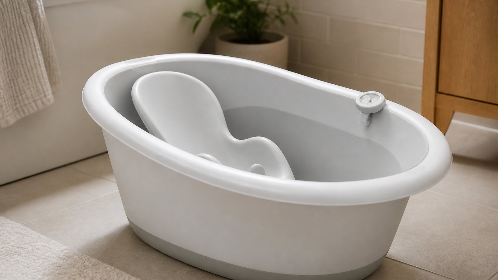 Empty baby bath with thermometer on the rim