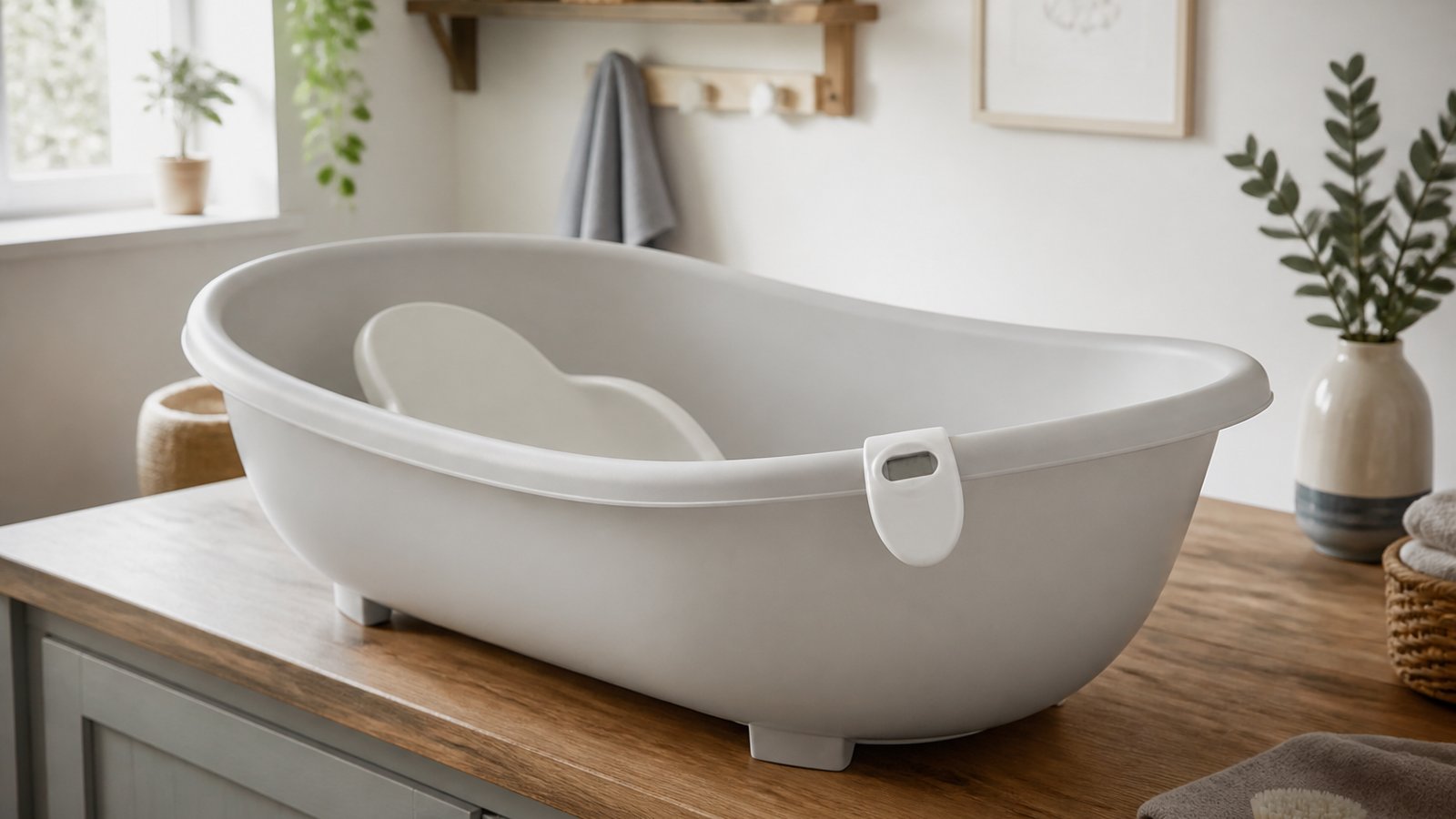 British-made baby bath with eco packaging by a nursery wall