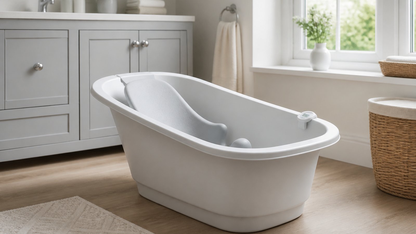Baby bath with seat in a grandparents guest bathroom