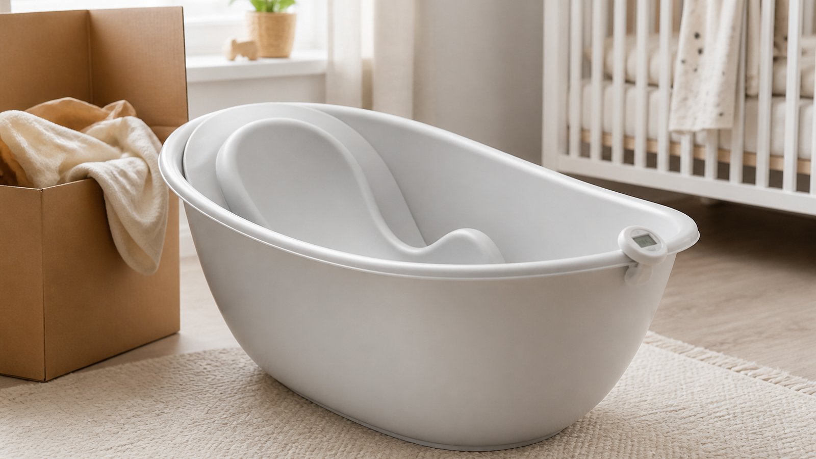 British-made baby bath with eco packaging by a nursery wall