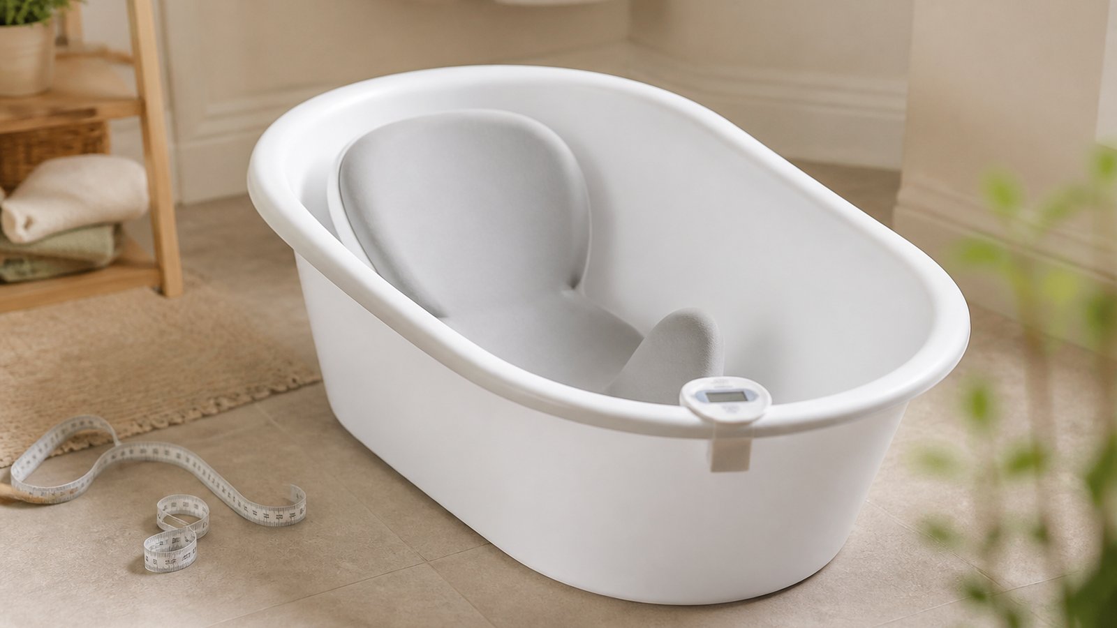 Empty freestanding baby bath with seat on a UK worktop