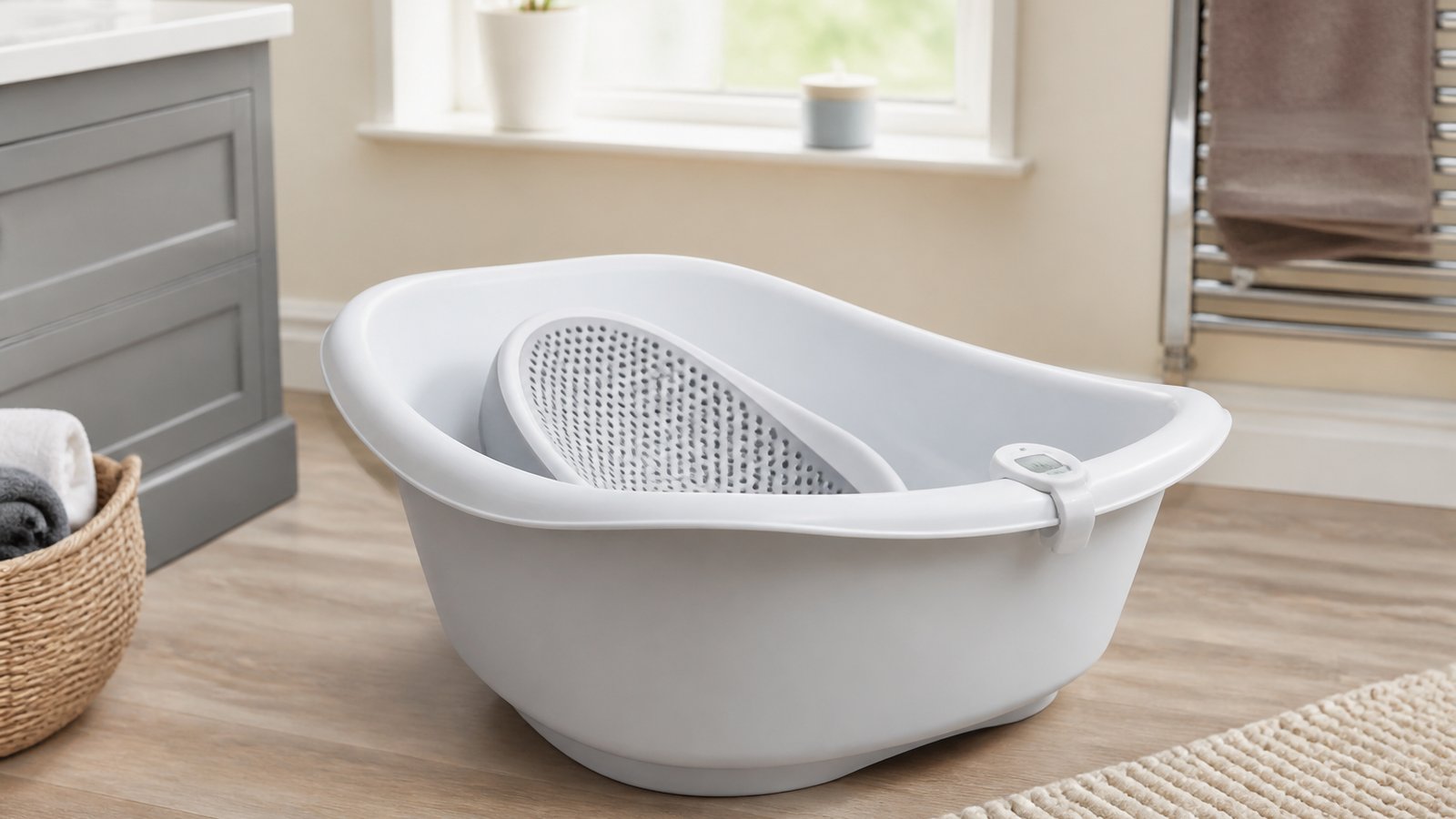 Baby bath with seat in a grandparents guest bathroom