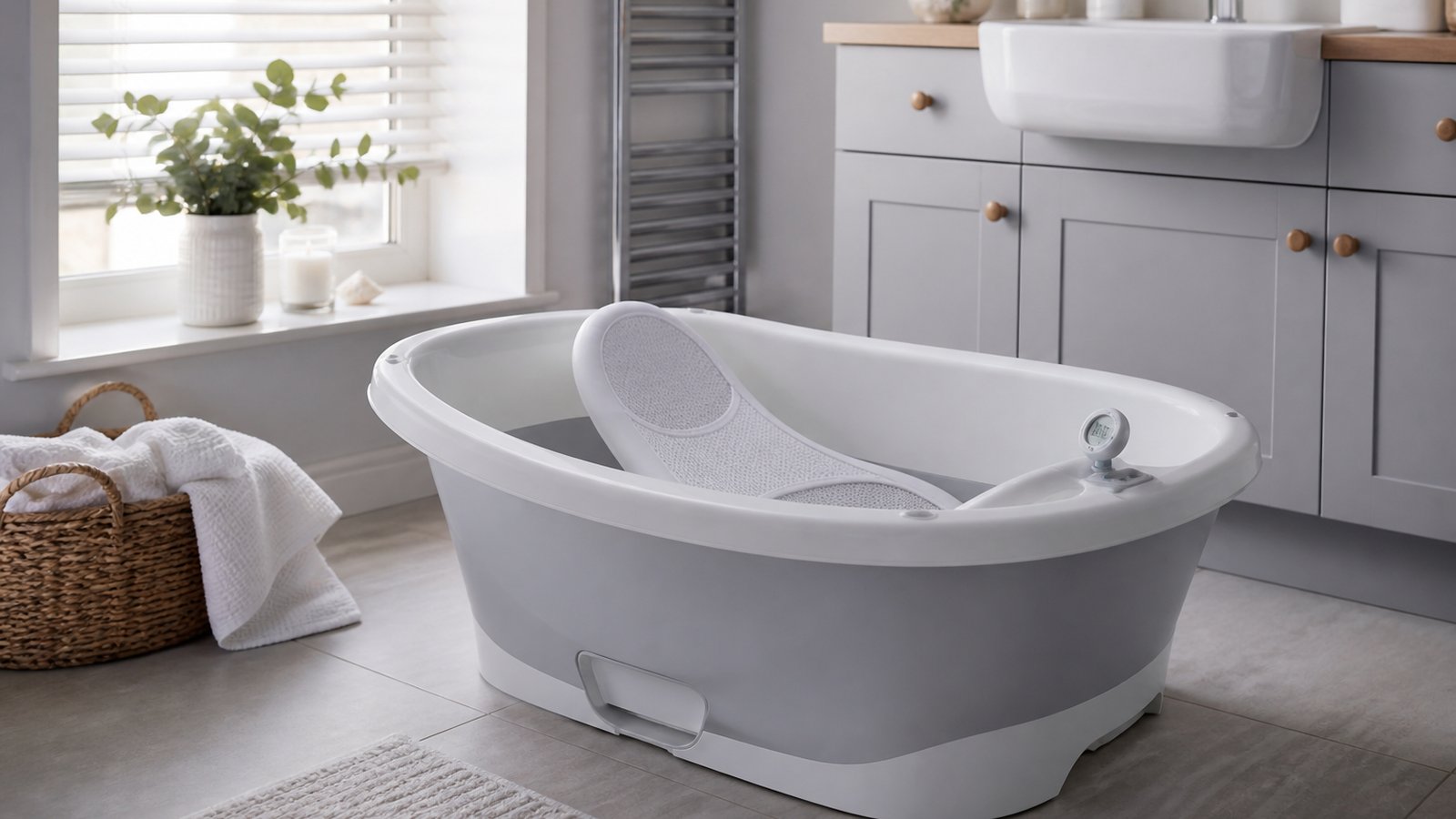 Baby bath with seat in a grandparents guest bathroom