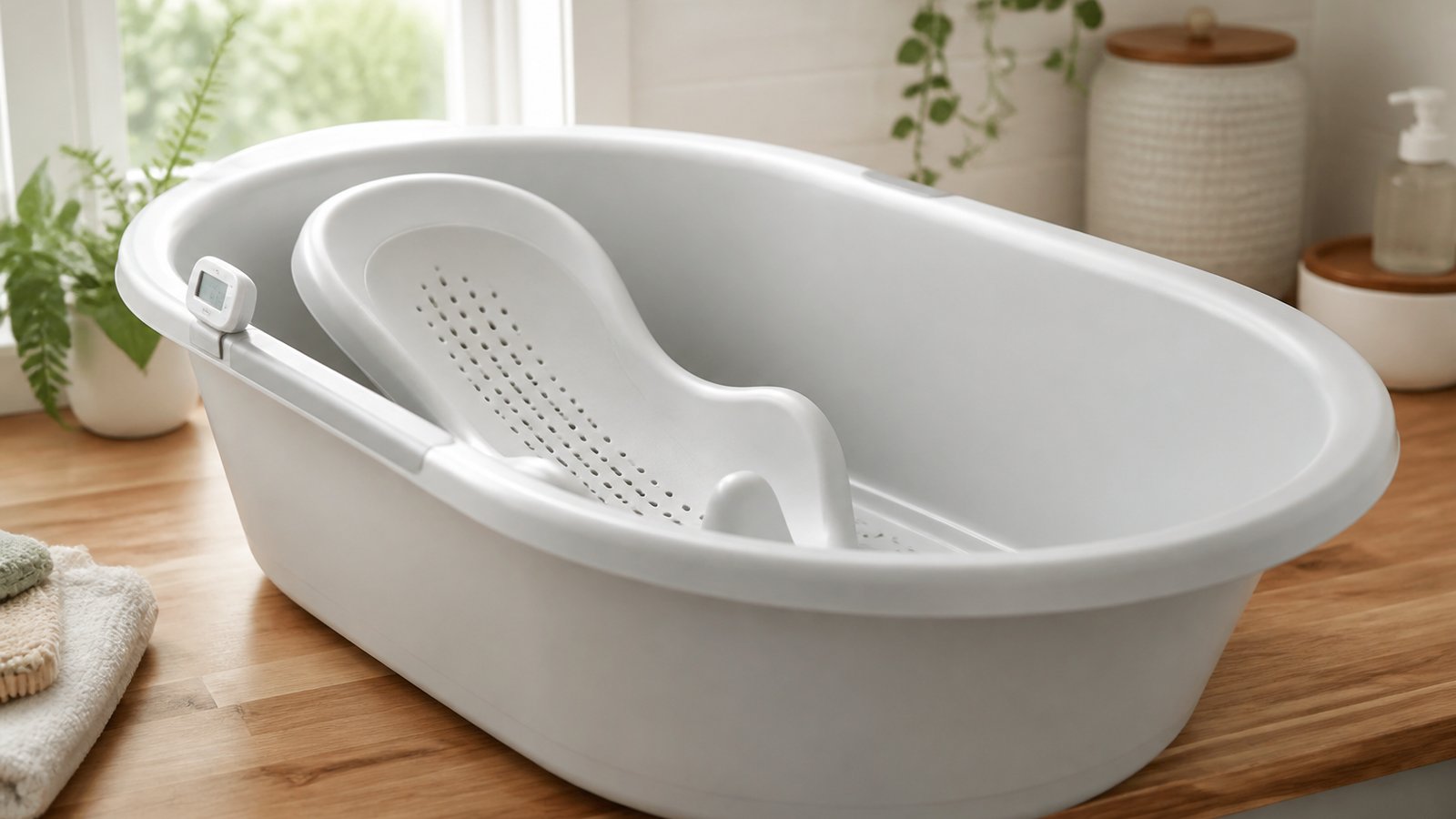 British-made baby bath with eco packaging by a nursery wall