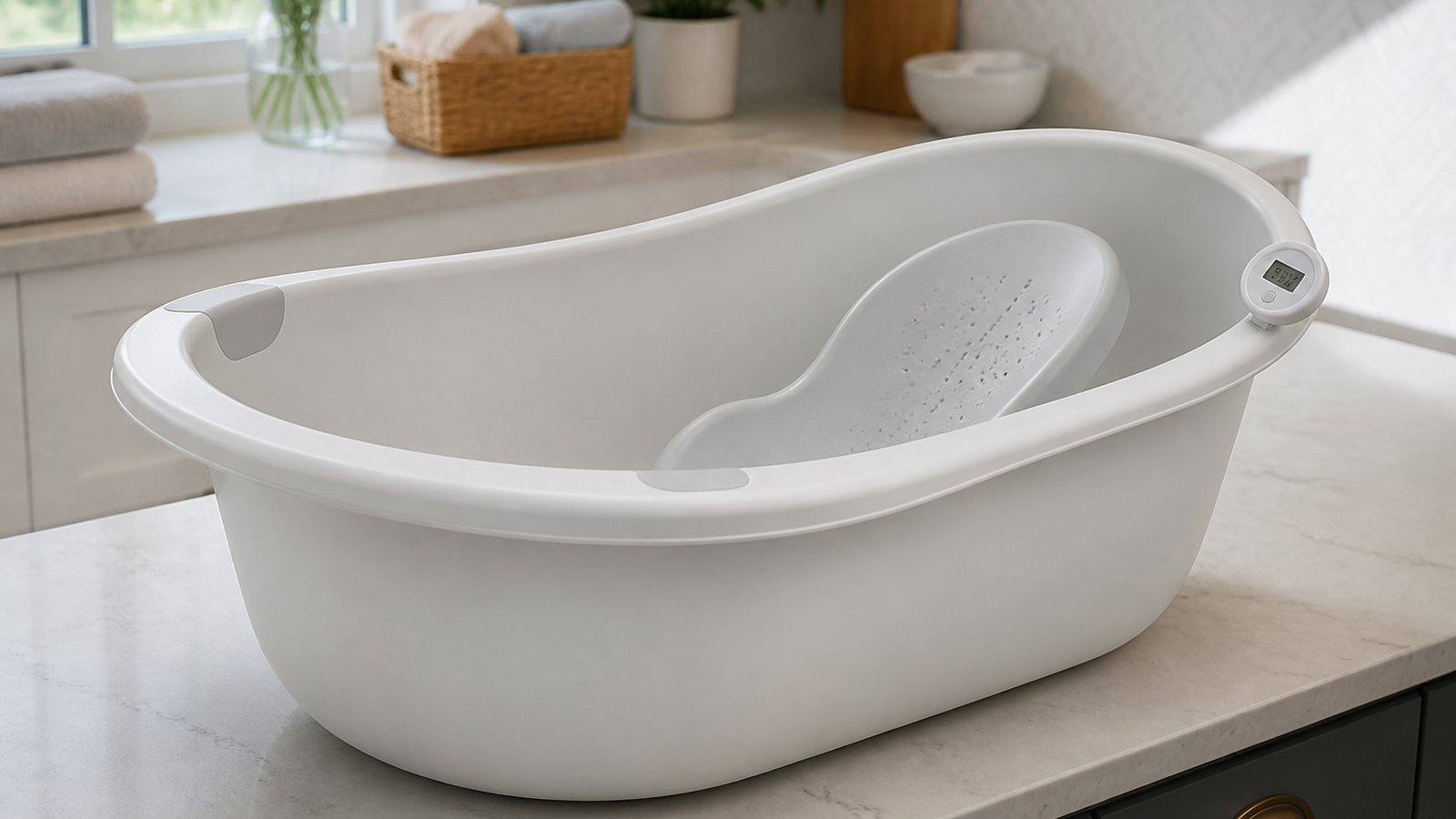 Empty freestanding baby bath with seat on a UK worktop