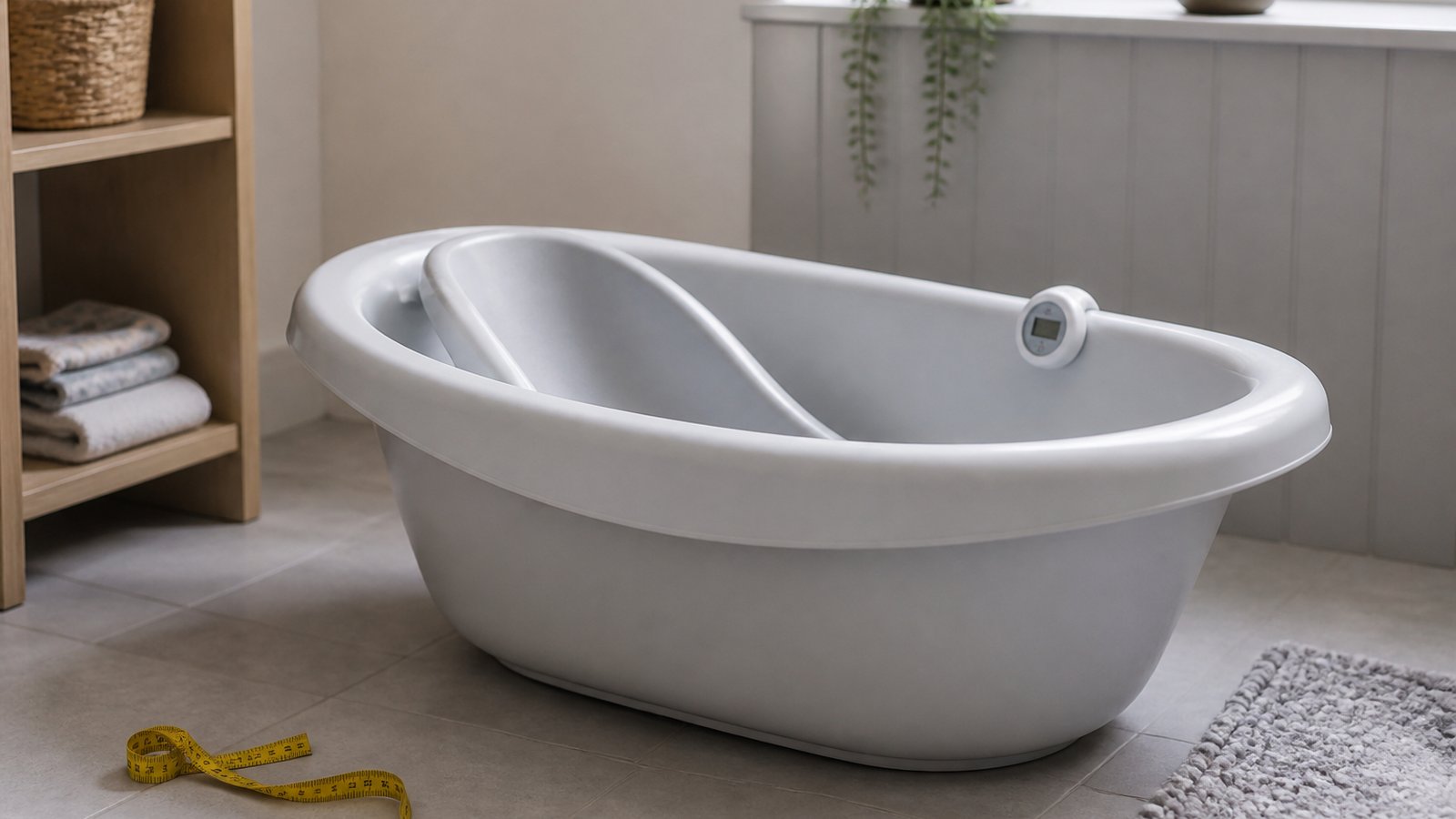 Empty freestanding baby bath with seat on a UK worktop