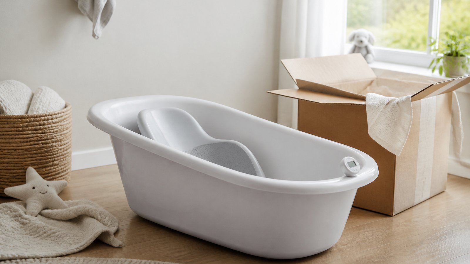 Empty freestanding baby bath with seat on a UK worktop
