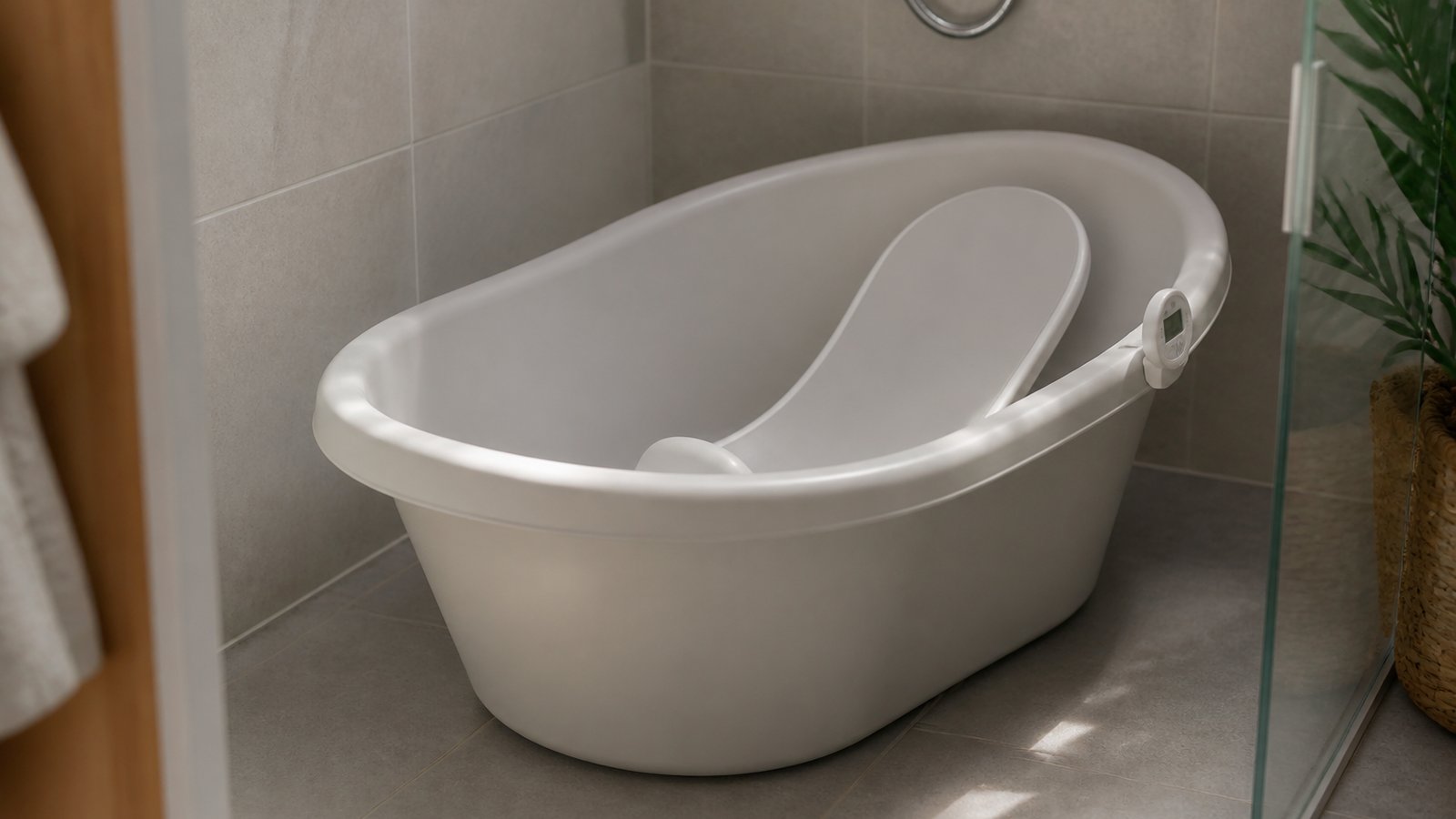 Freestanding baby bath with seat in a UK shower tray