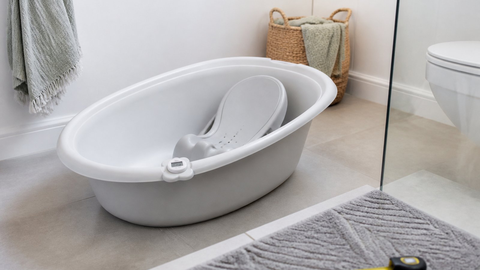 Empty freestanding baby bath with seat on a UK worktop