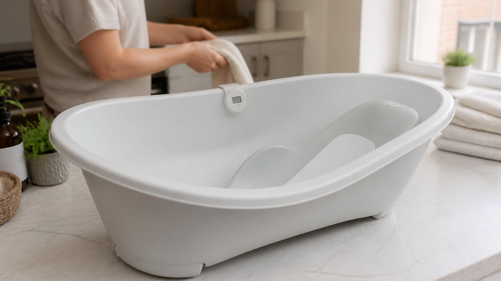 Freestanding baby bath at UK kitchen worktop height