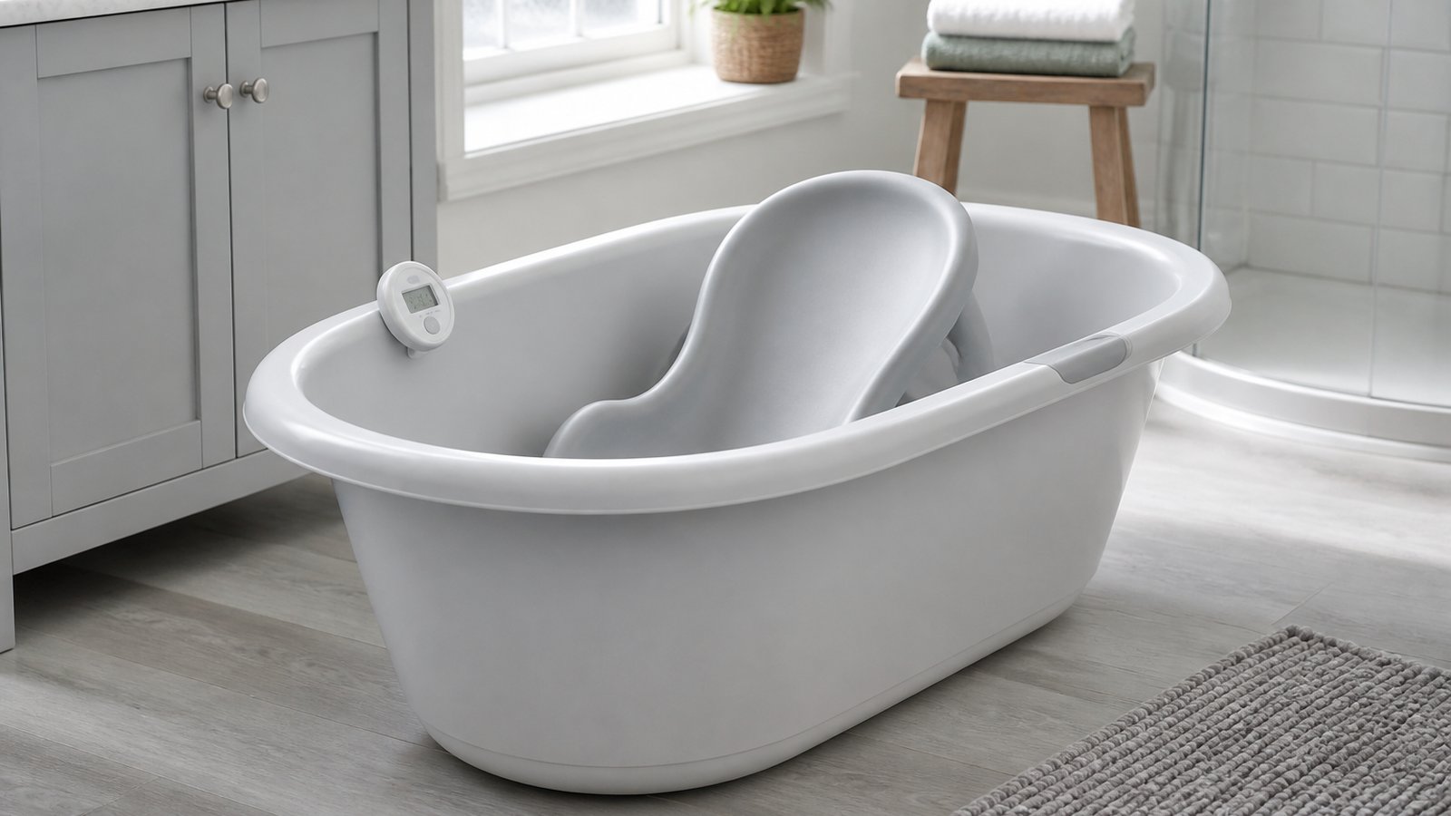 Baby bath with seat in a grandparents guest bathroom