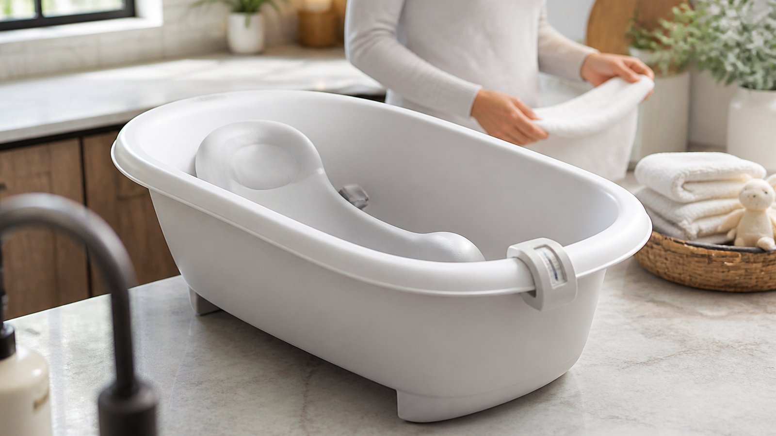 Freestanding baby bath at UK kitchen worktop height
