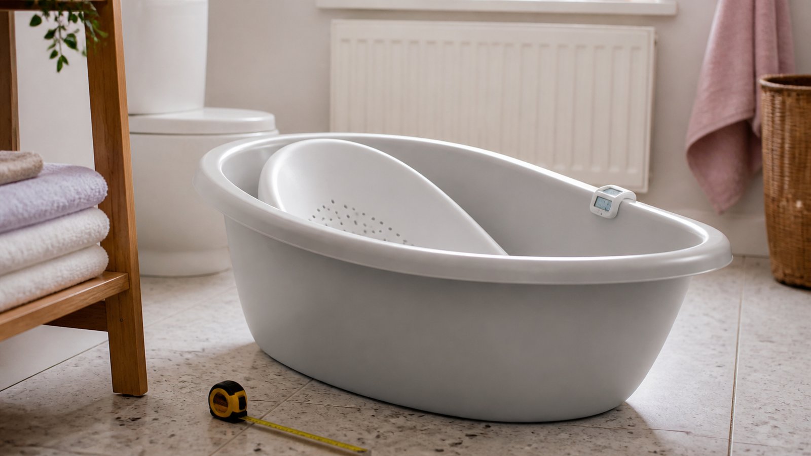 Empty freestanding baby bath with seat on a UK worktop