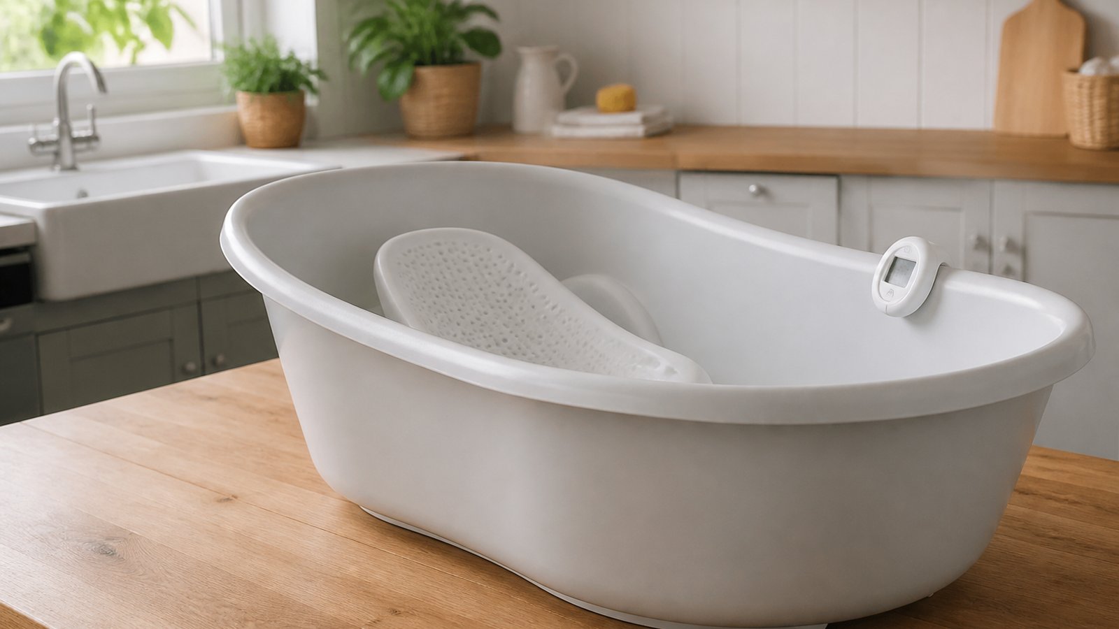 Empty freestanding baby bath with seat on a UK worktop