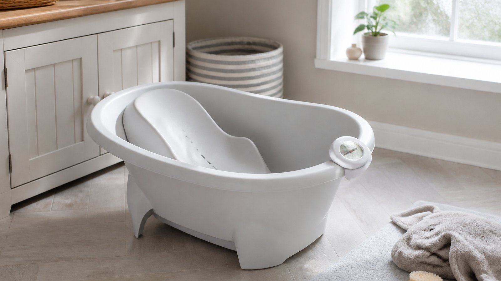 Baby bath with seat in a grandparents guest bathroom