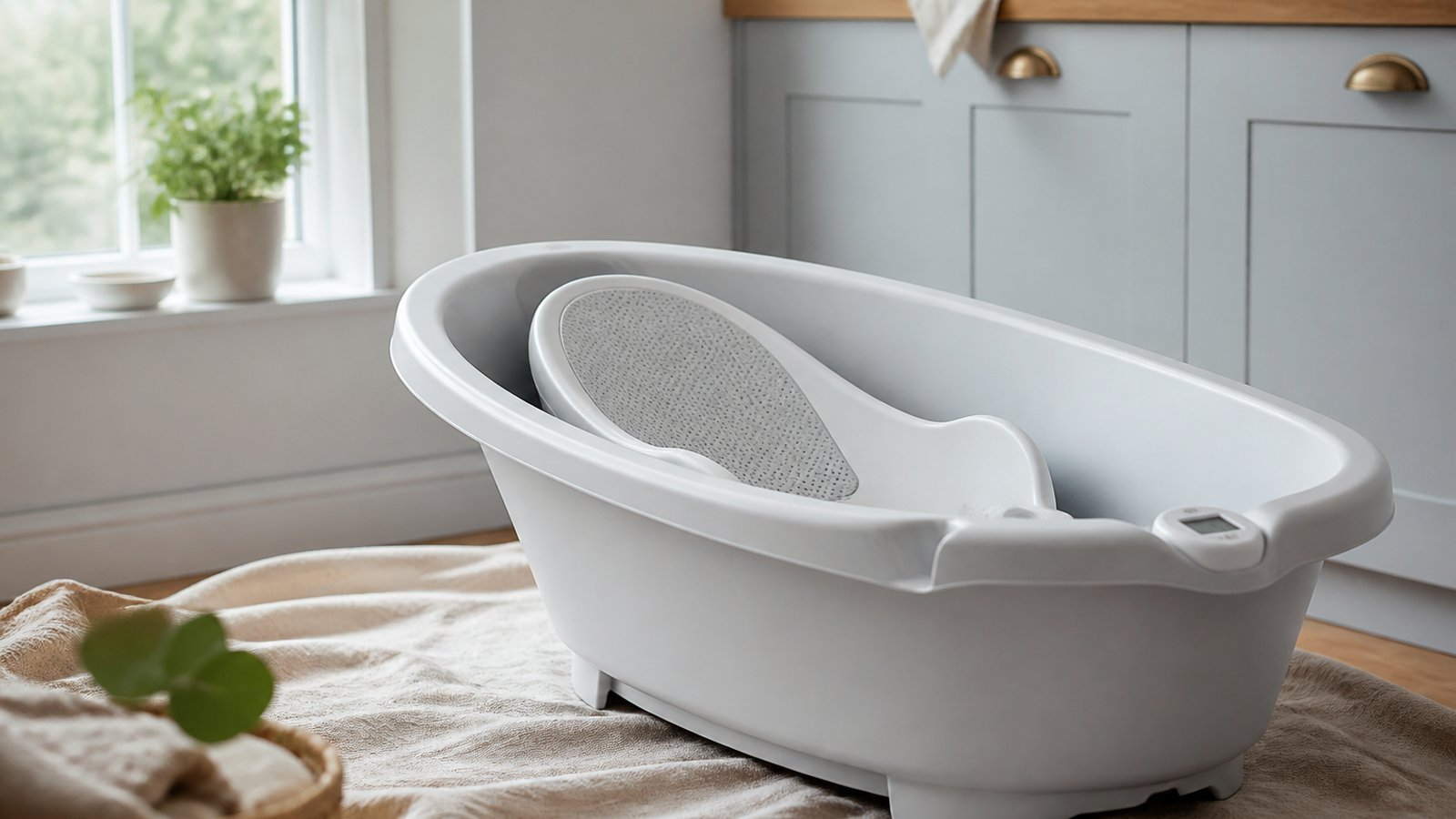 Non-slip baby bath seat fitted in an empty XXL tub