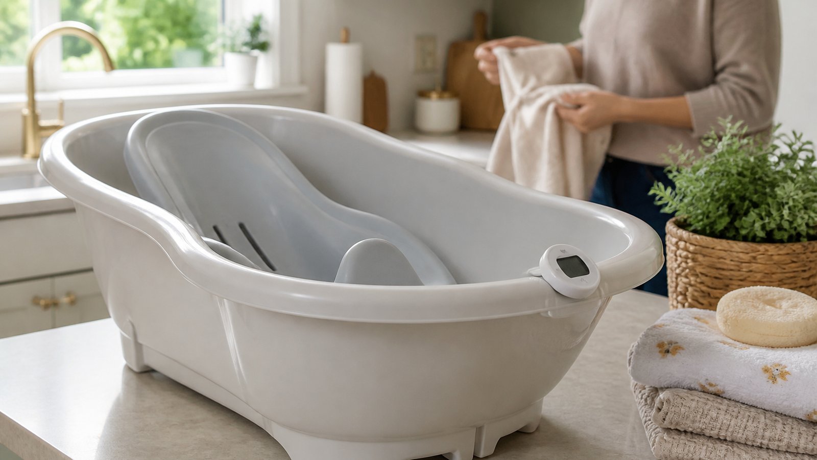Freestanding baby bath at UK kitchen worktop height