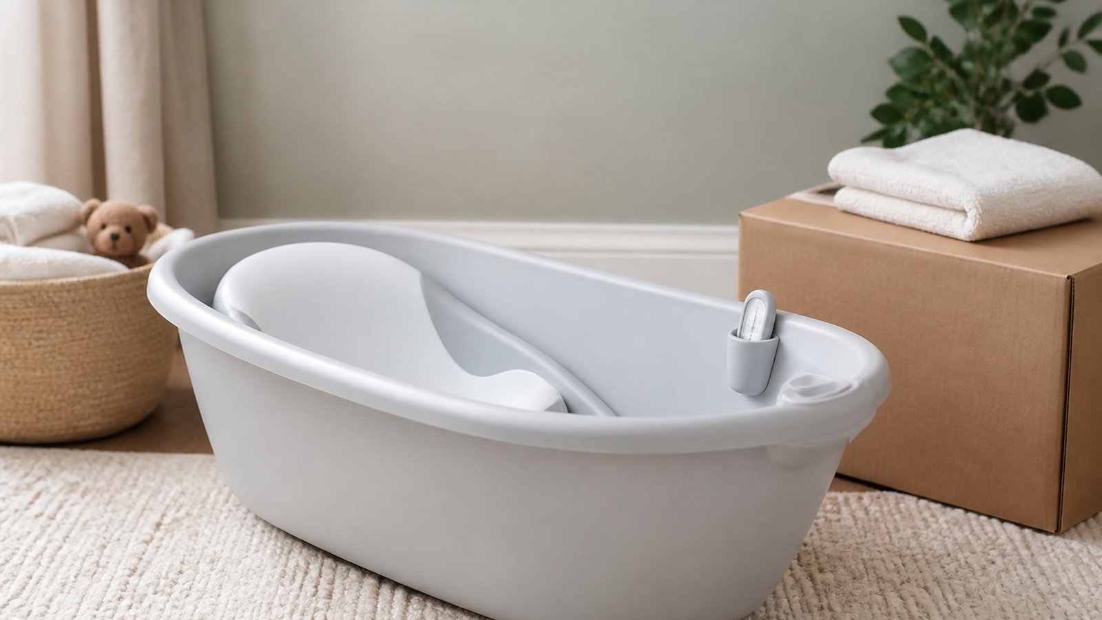 British-made baby bath with eco packaging by a nursery wall
