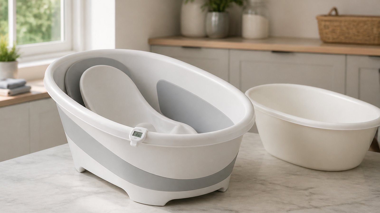 Empty freestanding baby bath with seat on a UK worktop