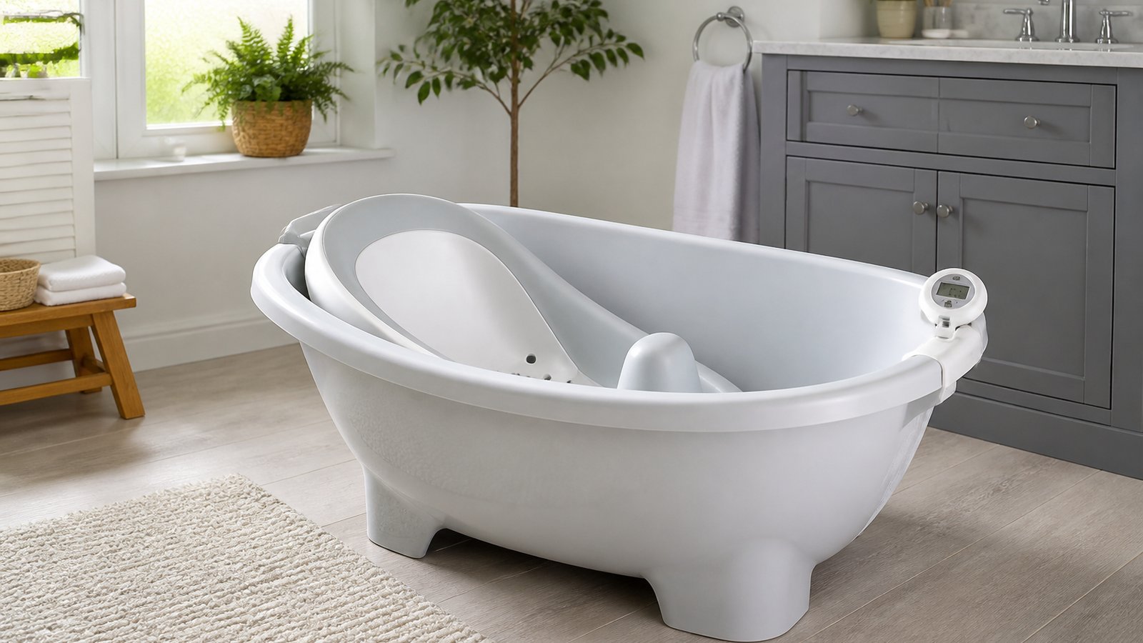 Baby bath with seat in a grandparents guest bathroom