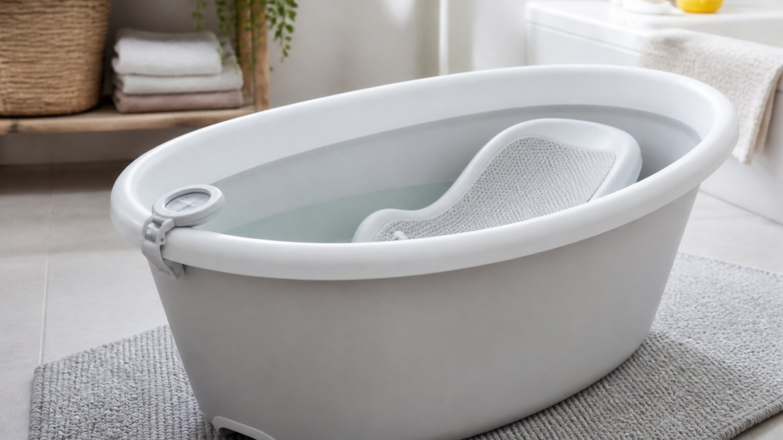 Empty baby bath with thermometer on the rim