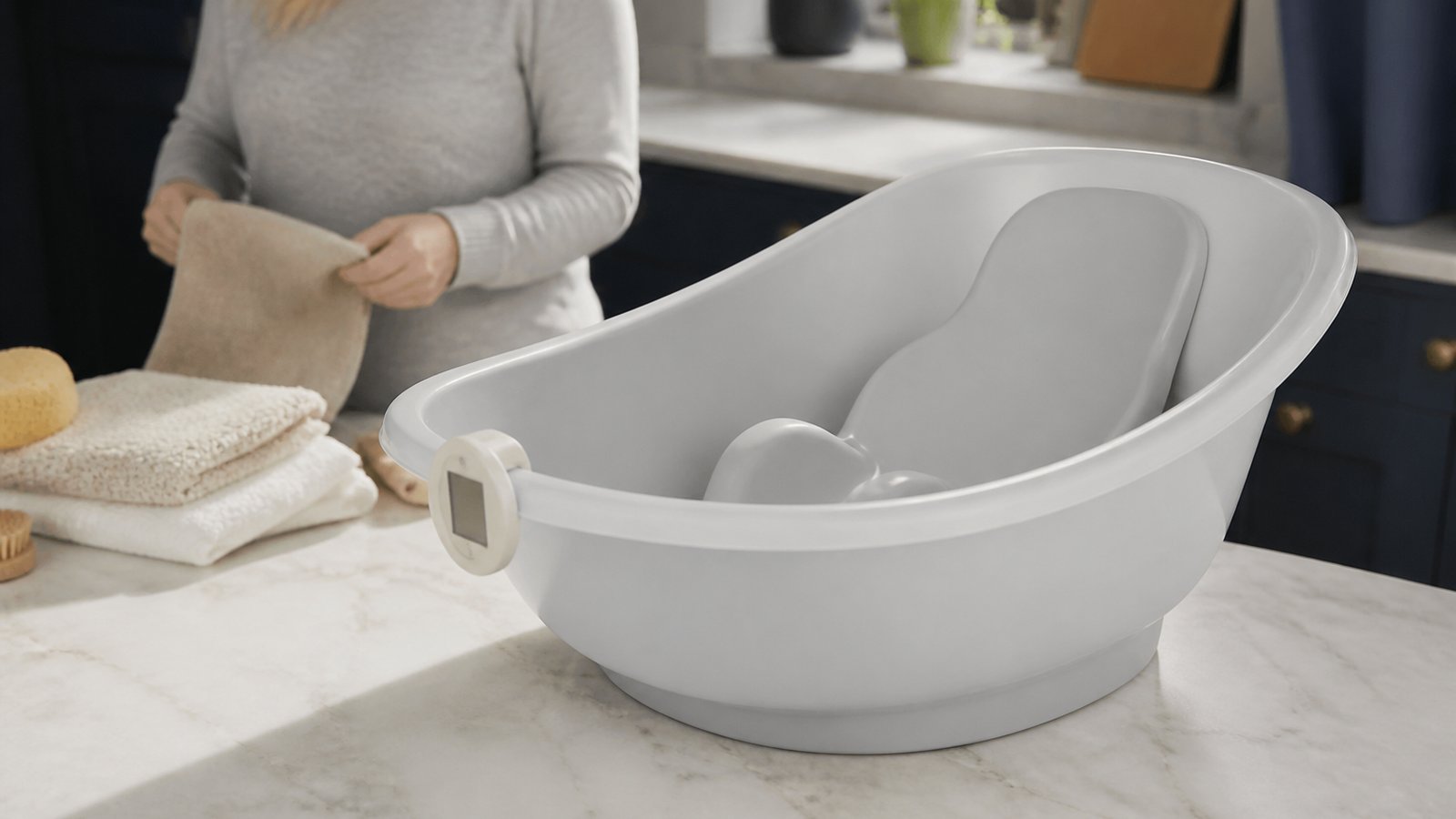Freestanding baby bath at UK kitchen worktop height