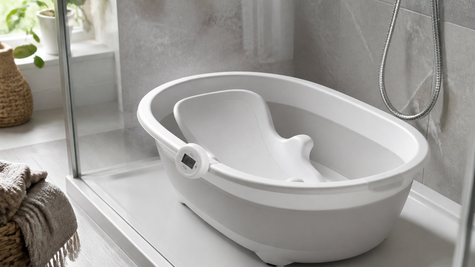 Freestanding baby bath with seat in a UK shower tray