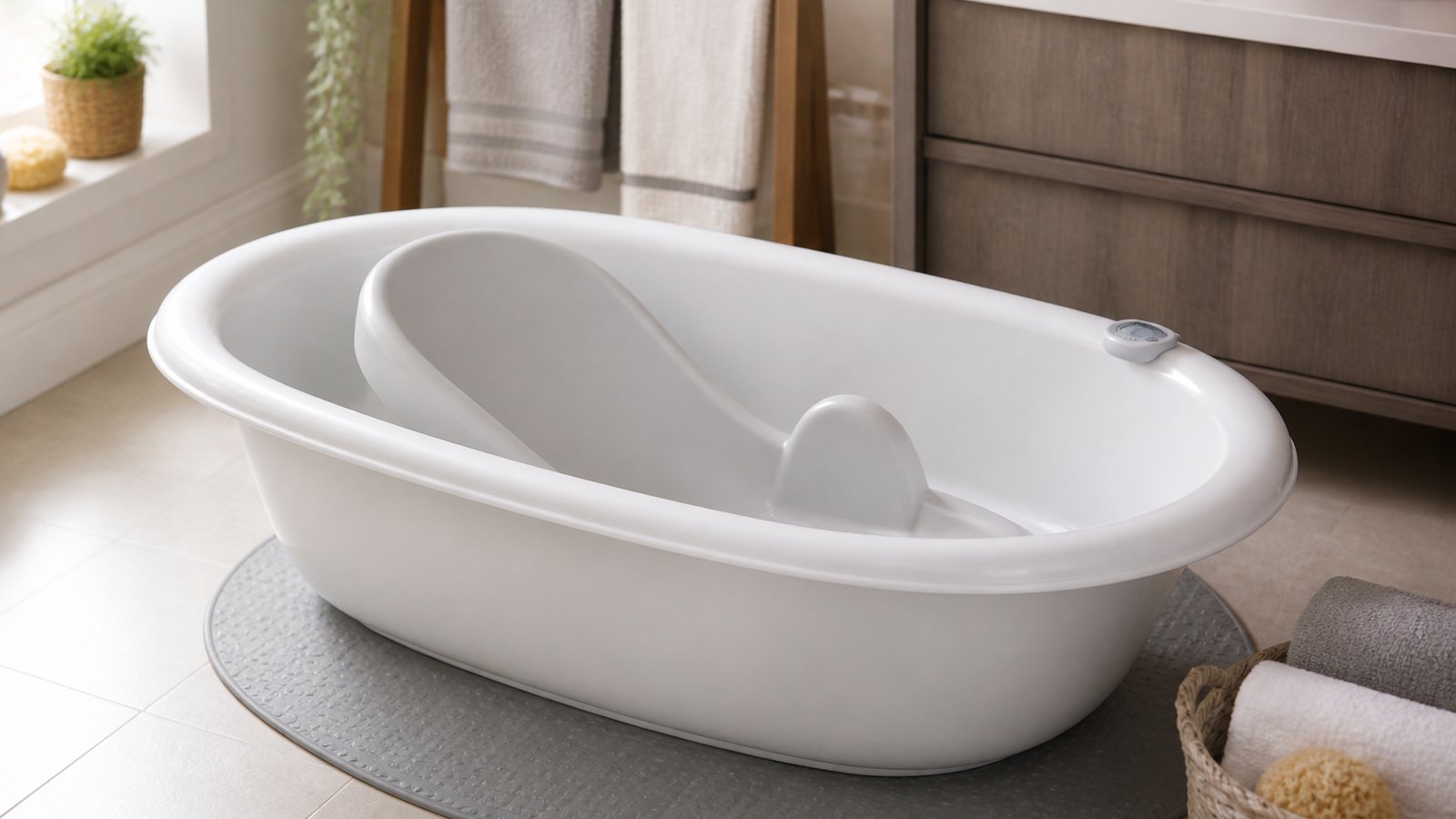 Empty freestanding baby bath with seat on a UK worktop