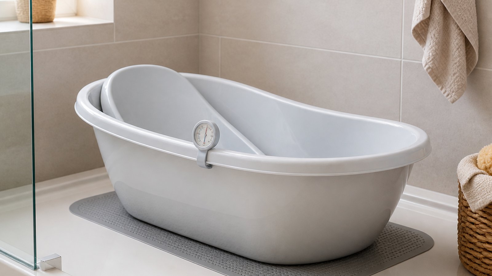 Freestanding baby bath with seat in a UK shower tray